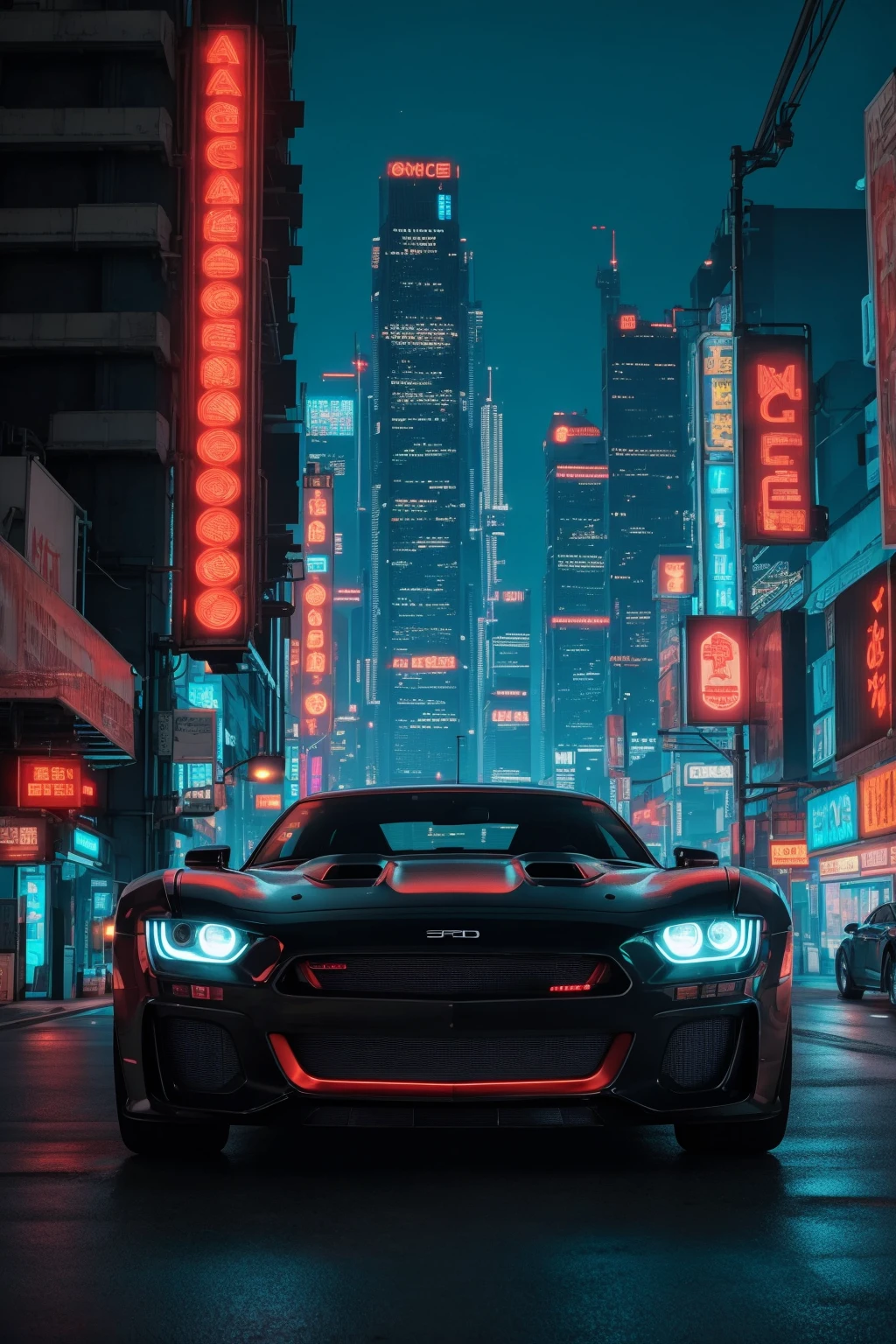 yper realistic,metal,professional photo of a futuristic muscle car with multiple modifications, large wheels, driving, cybernetic hood, cyber car parts, front pop up headlights, science fiction, sci-fi scenario, (night), natural light, cyberpunk, futuristic city, cyberpunk city, neon signs, highly detailed, (highly detailed background), multiple buildings in the background, detailed textures, wide angle, 8k, HDR, professional photoshoot, high quality photo, realistic photo, realistic shadows, detailed shadows, realistic proportions,film grain, raw photo,(front)