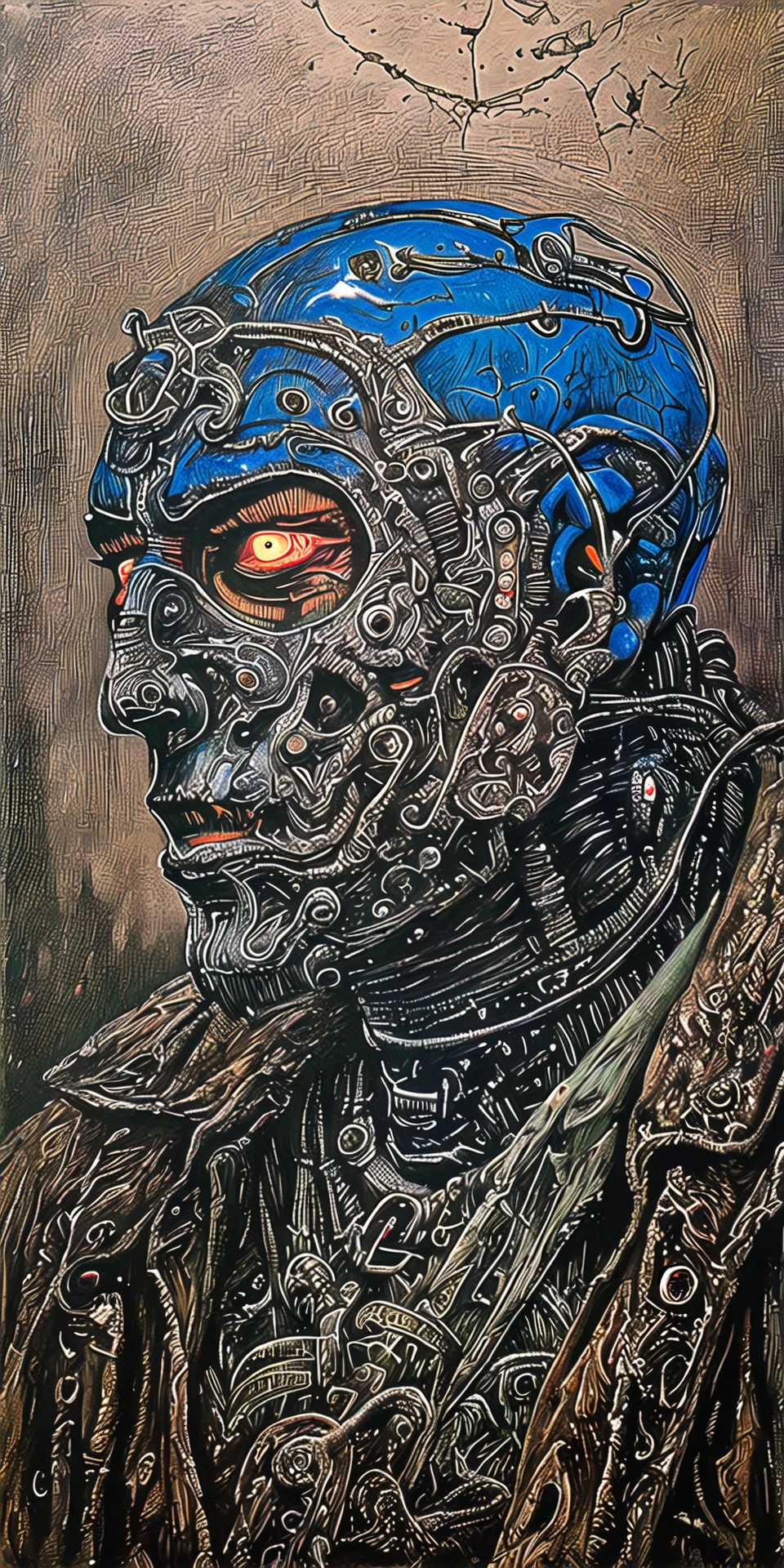 methurlant, A portrait of a robot, <lora:methurlant:1>, (intricate, atmospheric, surreal, gritty, cinematic, stylized, contrast, comic, eerie, stylized, cybernetic, futuristic, dystopian), Fog, , Broken mirrors,Fog or mist,Wilted flowers, Menacing, (Limited palette:1.1), (Texture:1.1), (Grattage:1.1), (Neon light:1.2), Leather, Rectangle, ultra detailed, intricate, oil on canvas, dry brush, (surrealism:1.1), (disturbing:1.1)