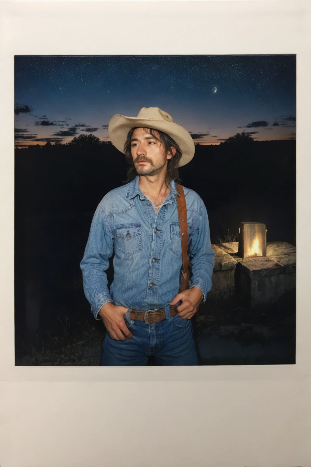 polaroid photo, <lora:InstantPhotoX2:0.65>, Extremely detailed RAW photo, portrait of cowboy, outdoor, night, rugged, weathered, stoic, cowboy hat, spurs on boots, deep set wrinkles, piercing blue eyes, a determined expression, fireplace warm lighting, looking off into the distance, clear night sky filled with stars, horses standing in the background, best quality, ultra-detailed, classic western