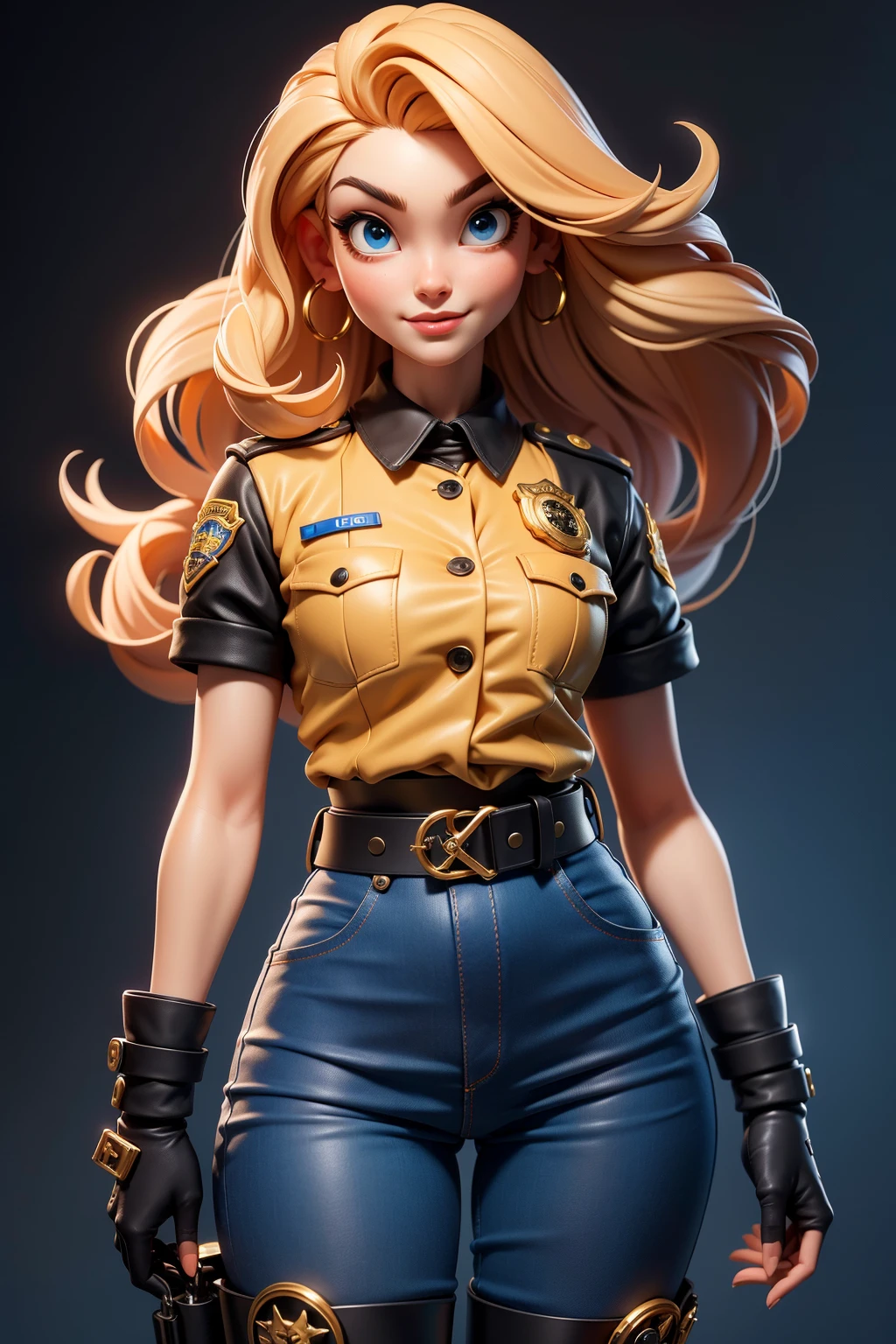 3dmm style,(masterpiece, top quality, best quality, Long hair, realistic, 1girl, best quality, intricate details, looking at viewer, ultra realistic 8k cg, picture perfect face, flawless, clean, masterpiece, professional artwork, famous artwork, film lighting, film Bloom, perfect face, beautiful face, beautiful eyes, ((perfect female body, narrow waist)), blue short sleeve police uniform, fitted design, gold trim, brass buttons, double breasted, high collar , black and gold belt, black leather gloves, police badge, utility belt with pockets, handcuffs, ammo, blue pants, black leather knee boots, gold accents,