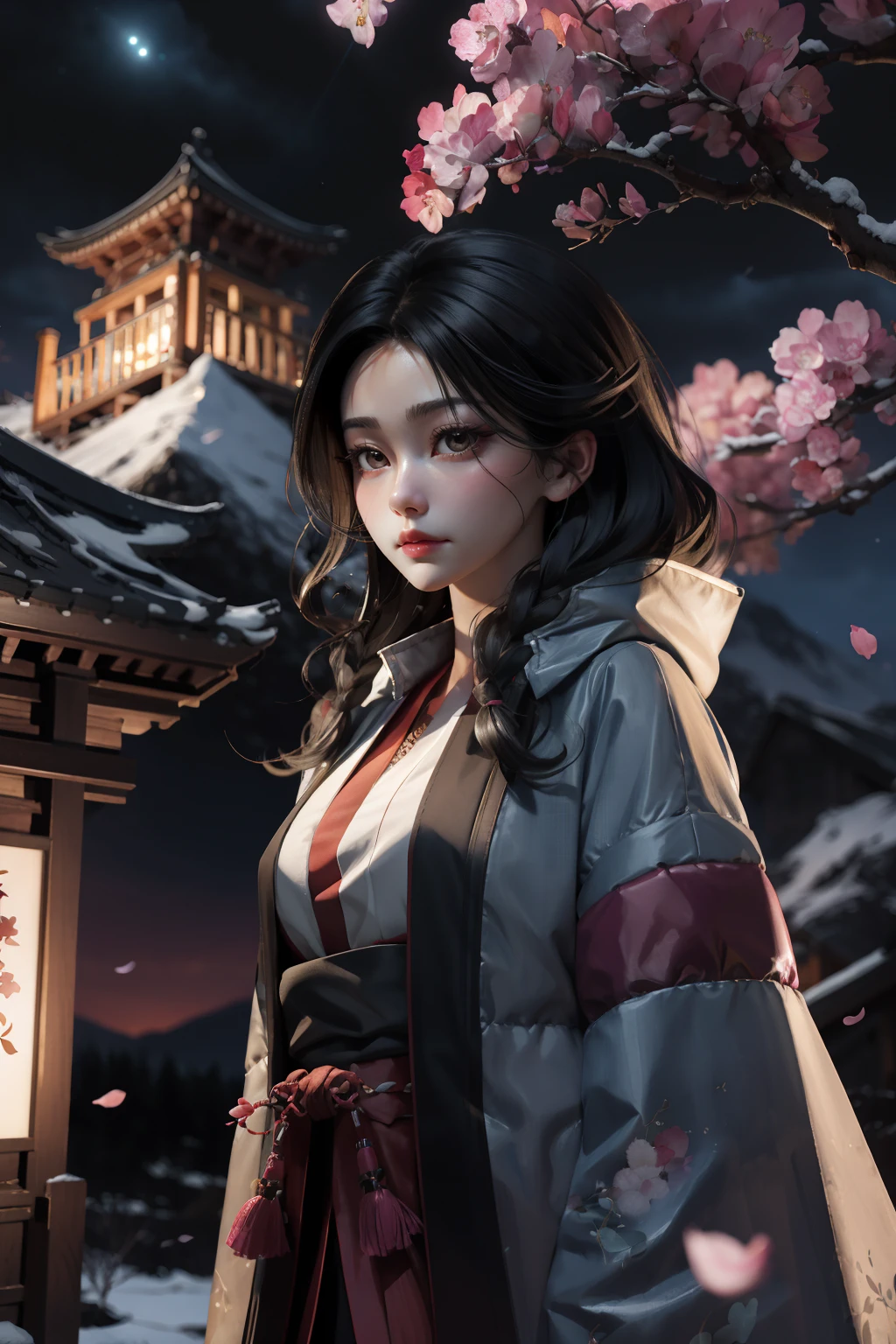 (absurdres,official art,unity 8k wallpaper,ultra detailed,High quality,best quality),(best quality, masterpiece),(1girl, miko, coat, expression face, black eyes, looking at front ,black hair, walking, upper body), (night strray sky, huge old tree behind, falling glowing pink petals behind, shrine behind, mountain background, blowing wind, meteoric cloud),