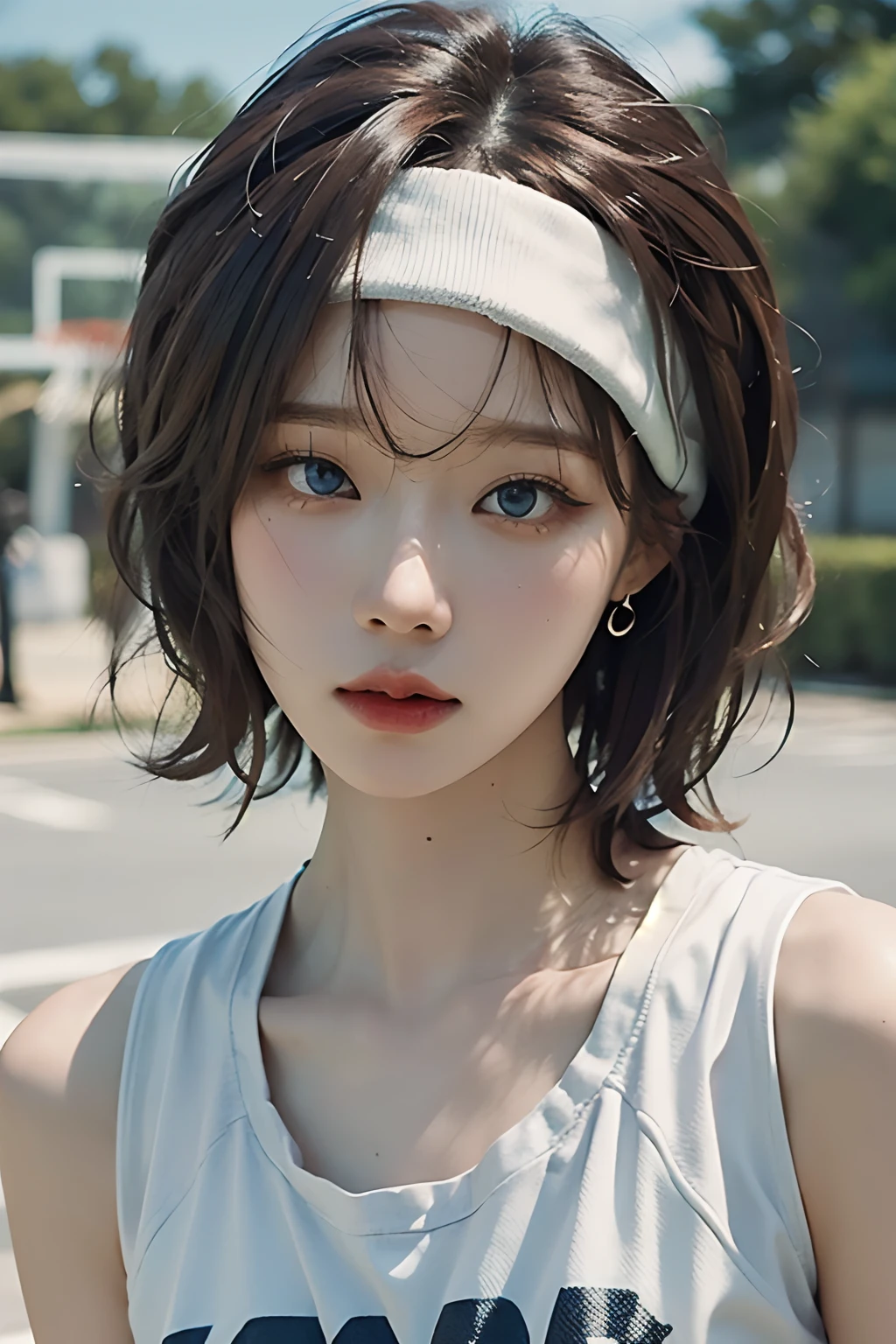 Best quality, masterpiece, ultra high res, (photorealistic:1.4), raw photo, 1girl, earrings, jewelry, headband, 1girl, brown hair, looking at viewer, lips, closed mouth, short hair, blue eyes, white basketball top