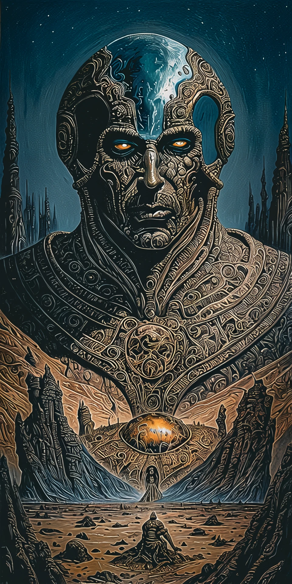 methurlant, A portrait of a alien, <lora:methurlant:1>, (intricate, atmospheric, surreal, gritty, cinematic, stylized, contrast, comic, eerie, stylized, cybernetic, futuristic, dystopian), Blizzard, , Ladders,Empty chairs,Chessboard, Mysterious,Morbid,Ghoulish, (Polychromatic:1.1), (Golden ratio:1.1), (Sfumato:1.1), (Reflected light:1.2), Ice, Sphere, ultra detailed, intricate, oil on canvas, dry brush, (surrealism:1.1), (disturbing:1.1)