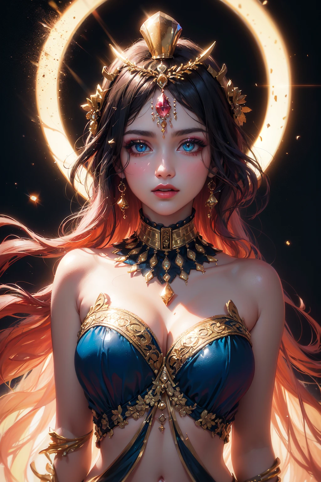 (Masterpiece:1.2), best quality, (illustration:1.2), (ultra-detailed),Eye focus,(Masterfully crafted Glow,pink lens flare), (Cinematic background), hyper details, (delicate detailed), Climing Mountain, (intricate details), (cinematic light, best quality Backlights), clear line, from above, solo female, solo female, perfect body, (1girl), bioluminescent hair, glowing eyes, (Egyptian royalty, luminescent clothes and hair),(Black red blue gold fantasy egyptian clothing:1.1), slightly close eyes, Desert, (Tanned skin:1.2), ((makeup)), high contrast, (best illumination, an extremely delicate and beautiful), ((cinematic light)), colorful,((Photoshop Pastel Painting:1.1)), Elegant, (Cinematic masterpiece), fierce, powerful, splashes of colour absolutly eye-catching, ((colourful paint splashes on transparent background, dulux,)), ((caustic)), dynamic angle,beautiful detailed glow, Gold, tribal, Chasing Dreams,