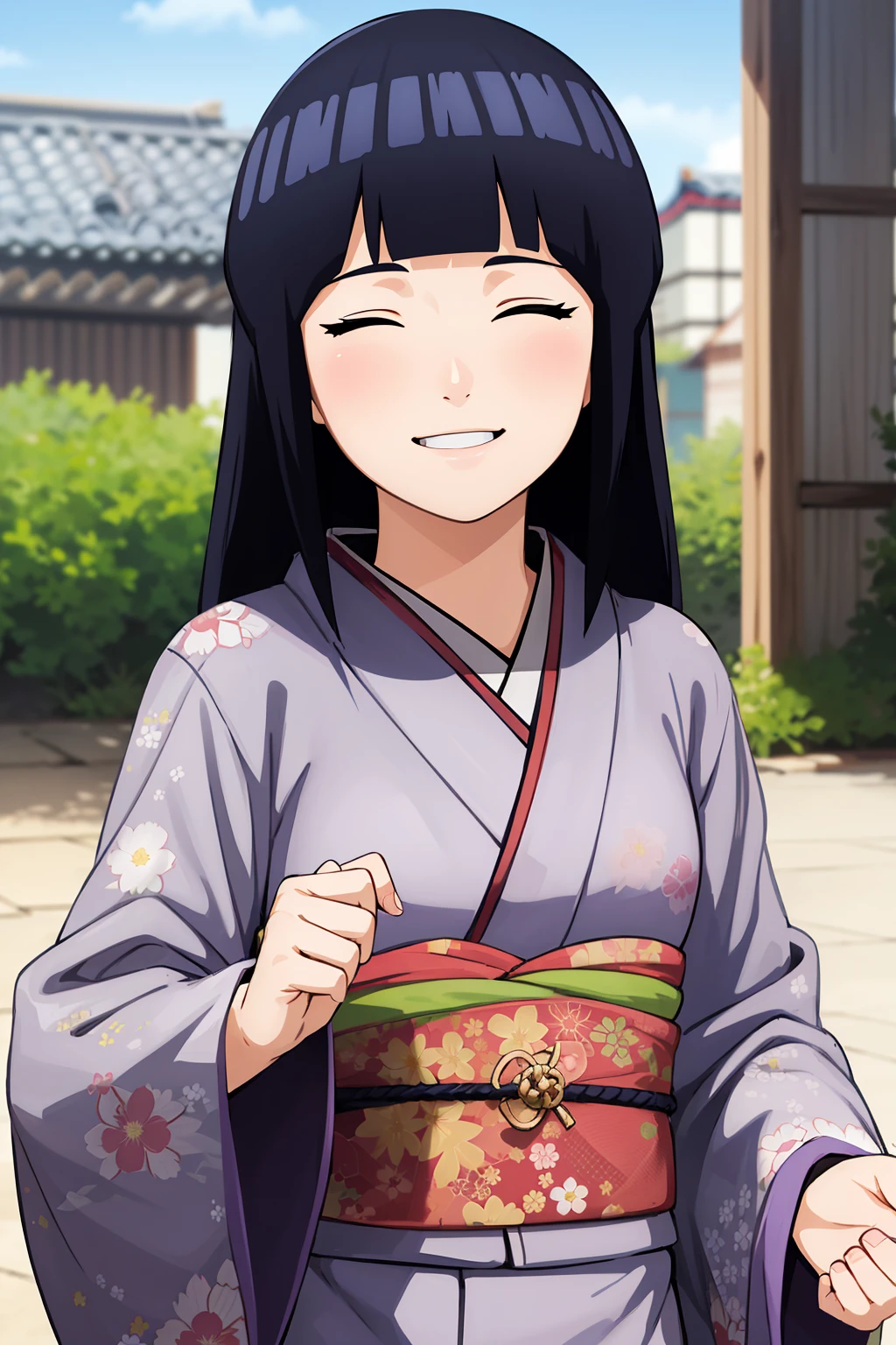 masterpiece, absurdres, 1girl, hinata\(shippuden\), japanese clothes, kimono, floral print, looking at viewer, smile, closed eyes, ^ ^,