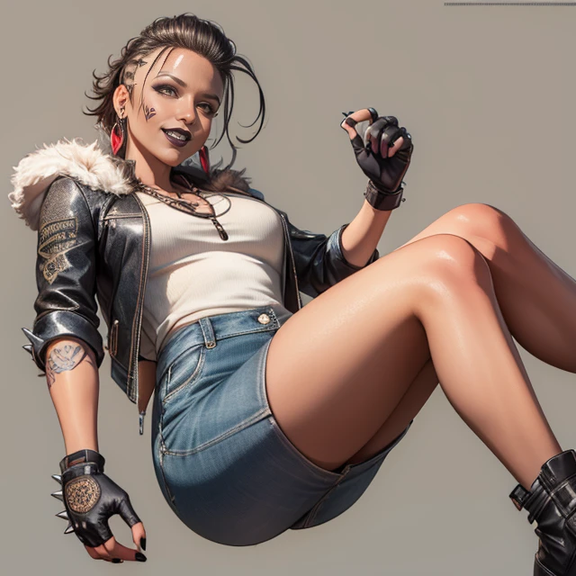 MadMaggie, hair slicked back,  yellow eyes, black lips,makeup,eyeshadow, black nails, facial tattoo , solo,  crazy smile,   looking at viewer, from below,  looking down,  ass
Madattire, black jacket, spikes, white shirt ,black footwear, black fingerless gloves,earrings,fur trim,necklace, 
(insanely detailed, beautiful detailed face, masterpiece, best quality) <lora:Maggie-10:0.7>   <lora:povsitting:0.7>