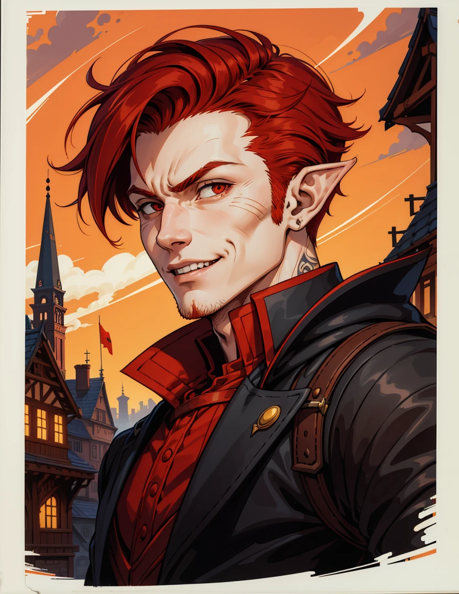 (original-art:1.2),(lineart:1.33),young,1boy,portrait male elf boy vampire with red hair undercut in medieval city street,close-up,playful grin,heavy-coat,(hyperdefined),(inked-art),red,orange tones,unusual-angle,cartoon,fantasy gothic aesthetic,complex lighting,(flat-colors),hatched-texture,(fine-details:1.2),absurdres,flat-colors,fullscreen,coherent