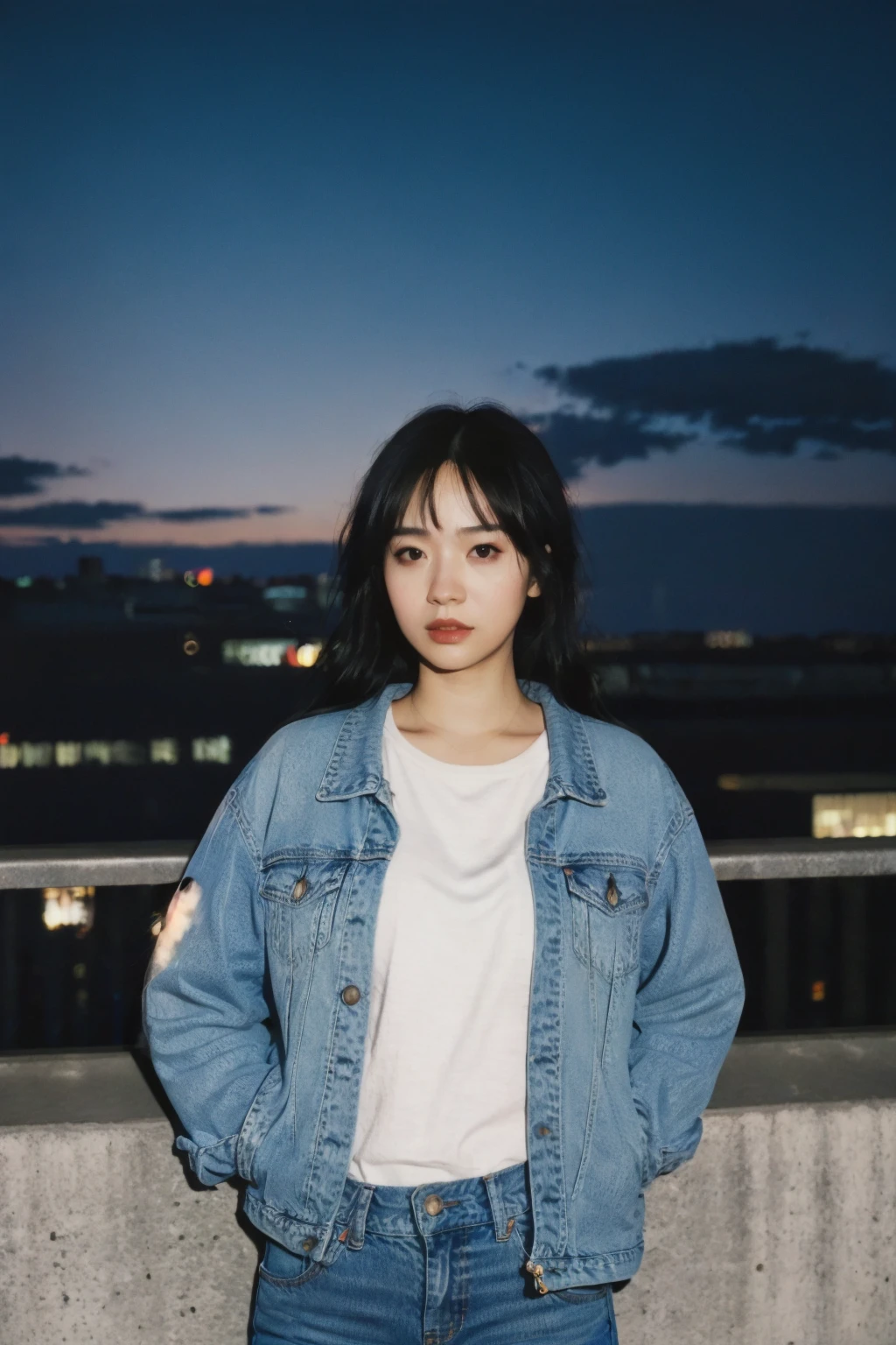 polaroid photo, <lora:InstantPhotoX2:0.65>, 1girl, stylish outfit, fitted jeans, oversized jacket, fashionable accessories, (realistic detailed eyes, natural skin texture, confident expression), cityscape backdrop, rooftop or high-rise balcony, dynamic composition, engaging pose, soft yet striking lighting, shallow depth of field, bokeh from city lights, sharp details, highly detailed, hyper-realistic, 50mm lens, naturally blurred background.