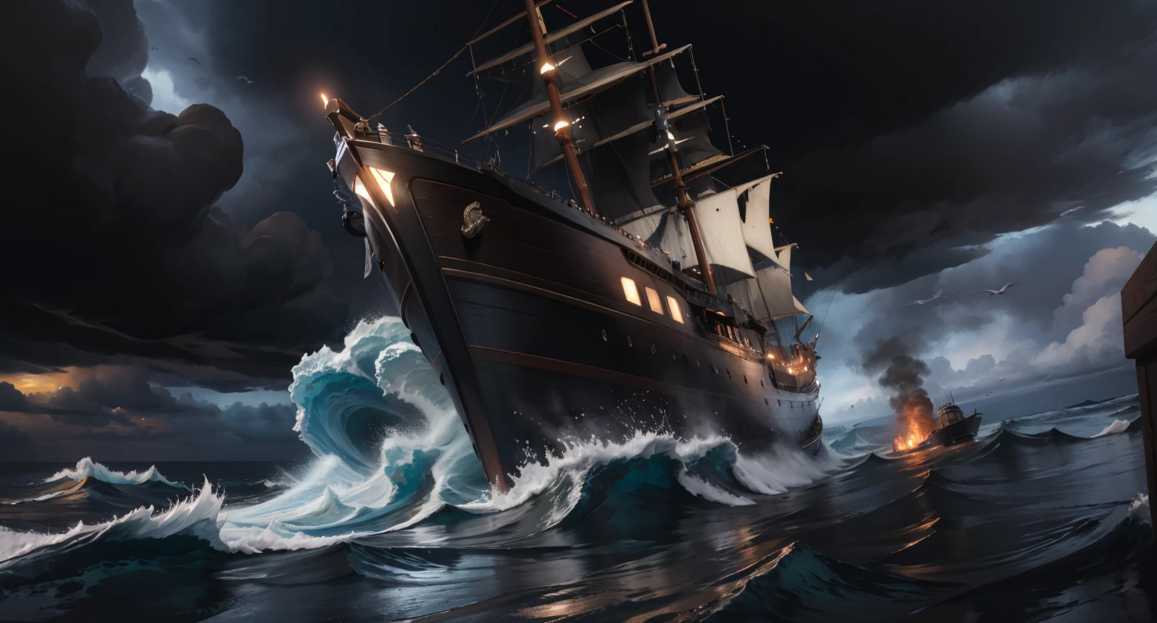 (absurdres,official art,unity 8k wallpaper,ultra detailed,High quality,best quality),(wooden ship:1.2),(stormy seas:1.1),(cinematic:1.1),viewed from below at dramatic angle,mighty vessel tossed upon crashing waves,sails billowing taut against the gale,prow plunging into troughs as thunderheads roil the heavens,crew struggling to remain aboard,captain clinging to wheel with grim determination,battling the fury of the elements with each roll of the deck,painted vividly against a tumultuous sky,epic scene of man against nature's wrath on the grandest scale,