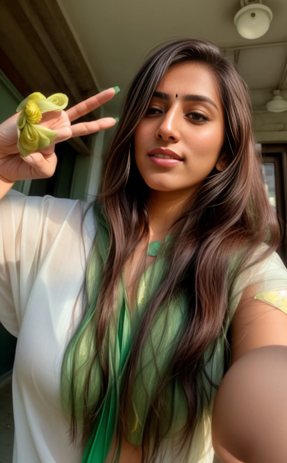 a 30 year old woman, taking an instagram selfie in a brooklyn street, white shirt with green flowers, desimocha, ((Perfect hands)) <lora:desicoffee:0.83>
