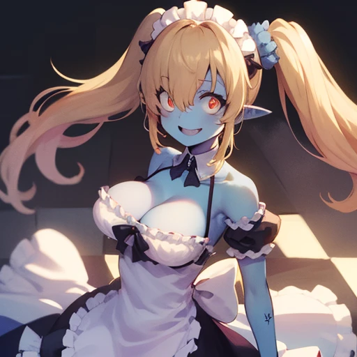 ZoMaid, blue skin1:2, pointy ears, red eyes, stitches, twintails, red hair, zombie, solo, thighs, smiling,
ZBattire,maid,bare shoulders, black thighhighs,apron ,skirt,puffy sleeves,frills, ,maid headdress, wrist cuffs, cleavage,detached collar,mary janes
(insanely detailed, beautiful detailed face, masterpiece, best quality) <lora:Maid-10:0.7>