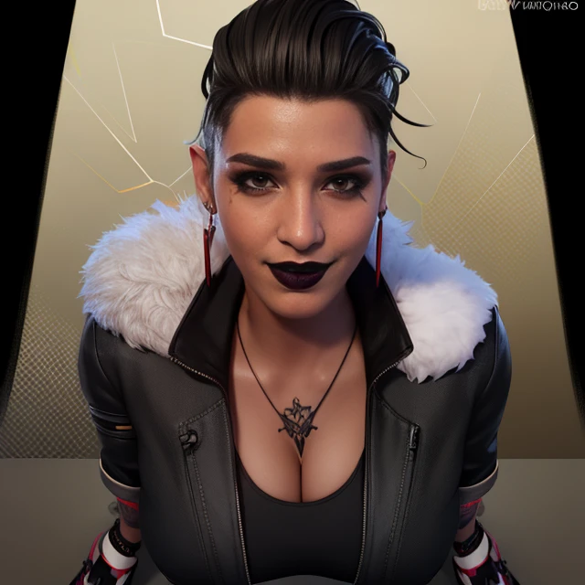 MadMaggie, hair slicked back,  yellow eyes, black lips,makeup,eyeshadow, black nails,facial tattoo ,  solo,  smiling,  looking at viewer,  full body , cleavage
Madattire,black jacket,spikes,white shirt ,black footwear, black fingerless gloves,earrings,fur trim,necklace,
(insanely detailed, beautiful detailed face, masterpiece, best quality) <lora:Maggie-10:0.7>