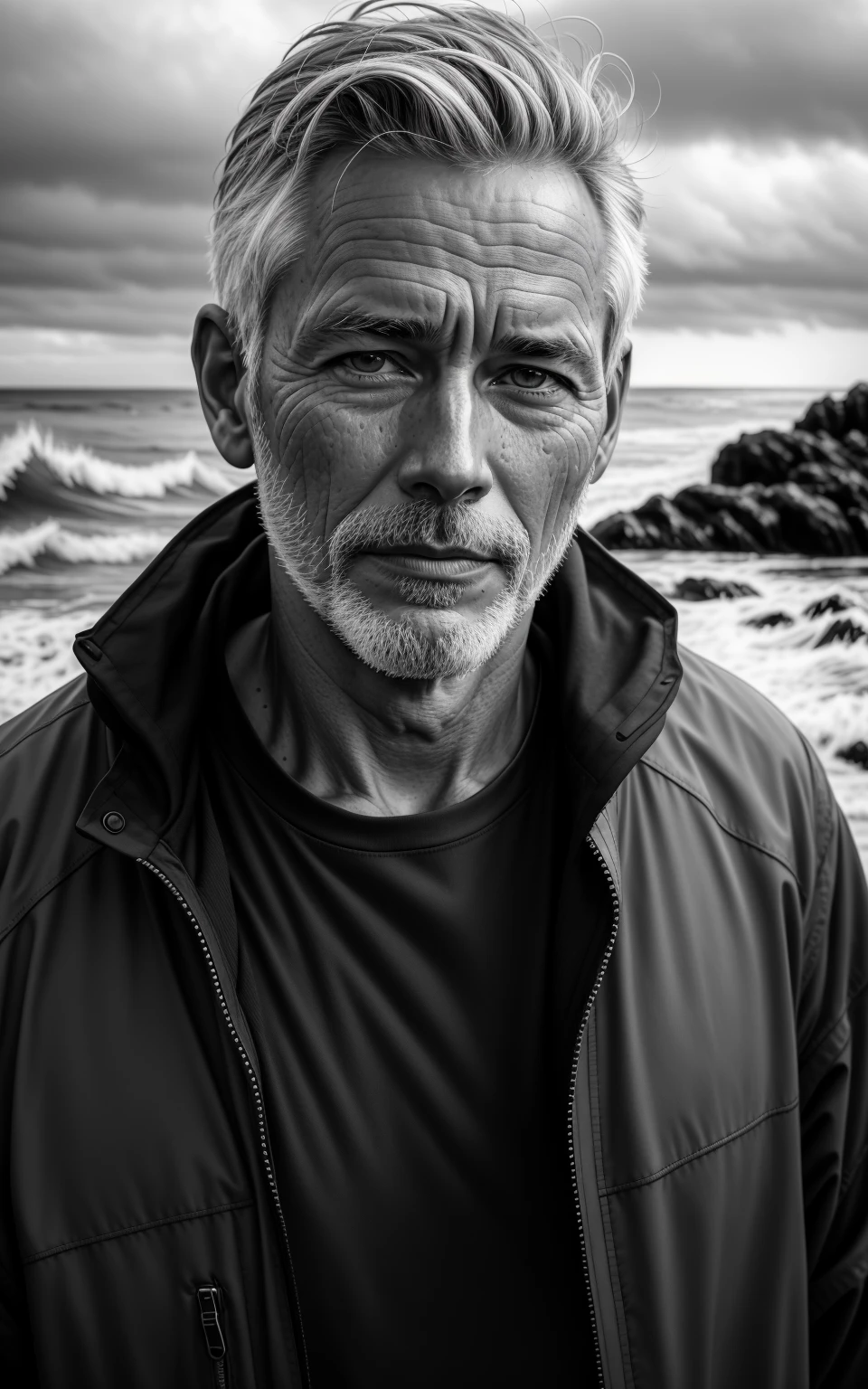 b&w photo of 54 y.o man, face, half body, body, high detailed skin, skin pores, coastline, overcast weather, wind, waves, 8k uhd, dslr, soft lighting, high quality, film grain, Fujifilm XT3