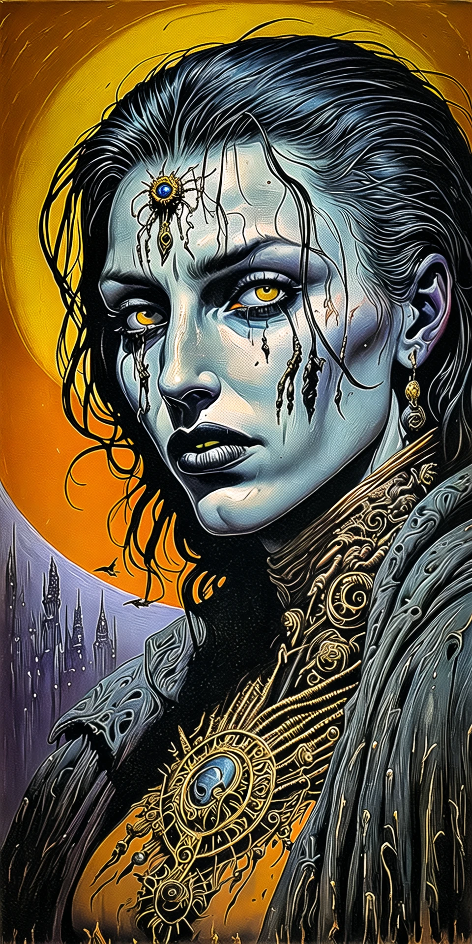methurlant, A portrait of a woman, <lora:methurlant:1>, (intricate, atmospheric, surreal, gritty, cinematic, stylized, contrast, sci-fi, comic, eerie, stylized), Sunny, Surrealist,  Crows or ravens, Dissonant,Tormented, (Primary colors:1.1), (Depth of Field:1.1),  (Tenebrism:1.1), (Candlelight:1.2), Concrete, Rectangle, ultra detailed, intricate, oil on canvas, dry brush, (surrealism:1.1), (disturbing:1.1)