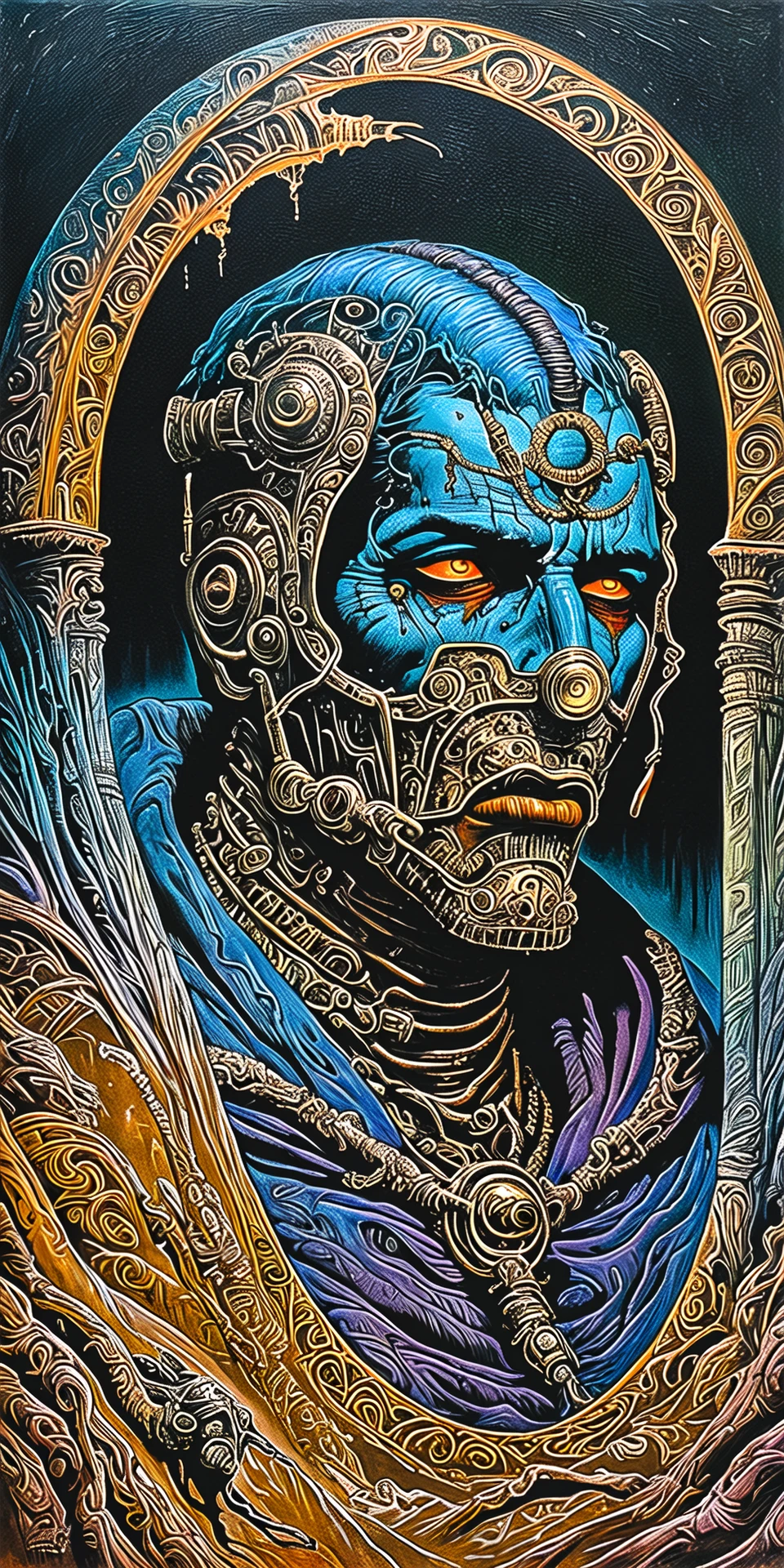 methurlant, A portrait of a robot, <lora:methurlant:1>, (intricate, atmospheric, surreal, gritty, cinematic, stylized, contrast, comic, eerie, stylized, cybernetic, futuristic, dystopian), Cloudy, Art Nouveau, Door ajar,Gas masks, Desolation, (Simultaneous contrast:1.1), (Color Theory:1.1), (Frottage:1.1), (Reflected light:1.2), Fur, Cylinder, ultra detailed, intricate, oil on canvas, dry brush, (surrealism:1.1), (disturbing:1.1)