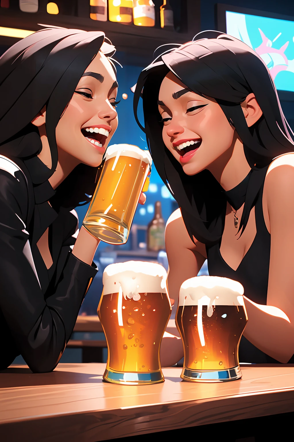 (best quality, masterpiece), 2girls, drinking beer at a bar with her friends, laughing