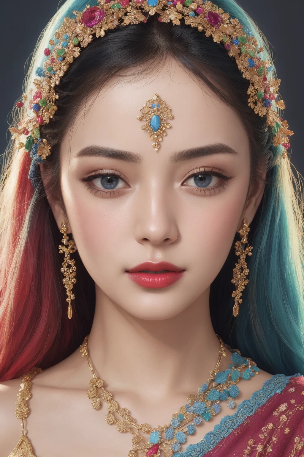 The model's bust is composed of an intricate mosaic of multi-hued candy jewels.Her features are captured in a sweet fantasia of flavors and colors - ruby lips, azure eyes, golden tresses. A few glistening gems come loose and dangle, tempting taste. It's a fanciful and whimsical interpretation of her portrait,playful yet masterful, (RAW photo, best quality), (realistic, photo-realistic:1.3),immaculate, virtuoso,finely wrought, consummate, ultra-nuanced,high definition,(premier illustration), (optimal shading), elaborate, radiant luminosity