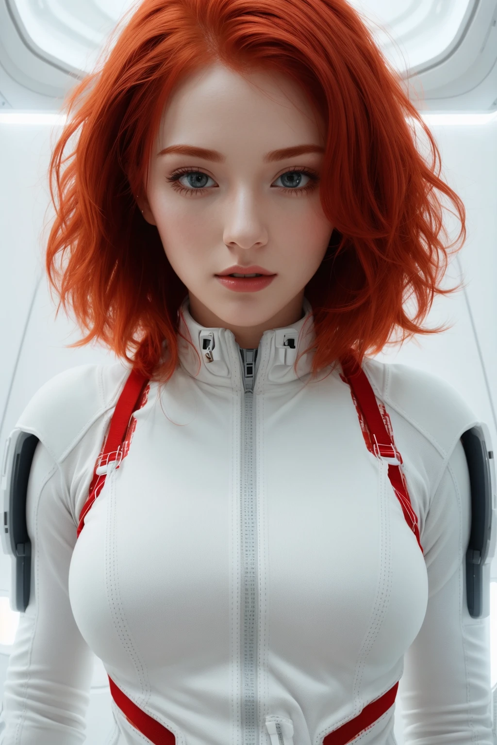 a portrait photography of a gorgeous redhead in open unbuttoned white space suit, cleavage, standing inside spaceship, attractive, flirting, looking at viewer, detailed skin, highly detailed, diffused soft lighting, hyperrealism, cinematic lighting