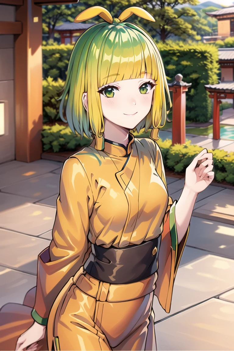 best quality, masterpiece, absurdres, banchan, 1girl, yellow kimono, chinese clothes,  indoors, temple, smile
<lora:banchan-23:1>
