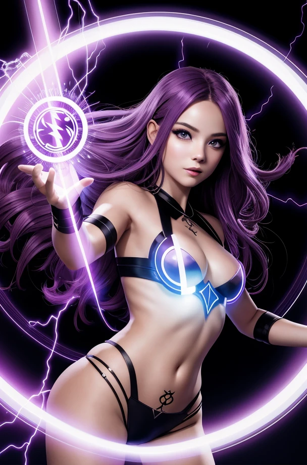 1girl, purple hair, symbol-shaped pupils, goddess of lightning, thunder, glowing,(magic circle:1.2), backlighting, light particles, light rays,8k wallpaper,, detailed hands and Detailed 5 fingers and Detailed 5 finger nails