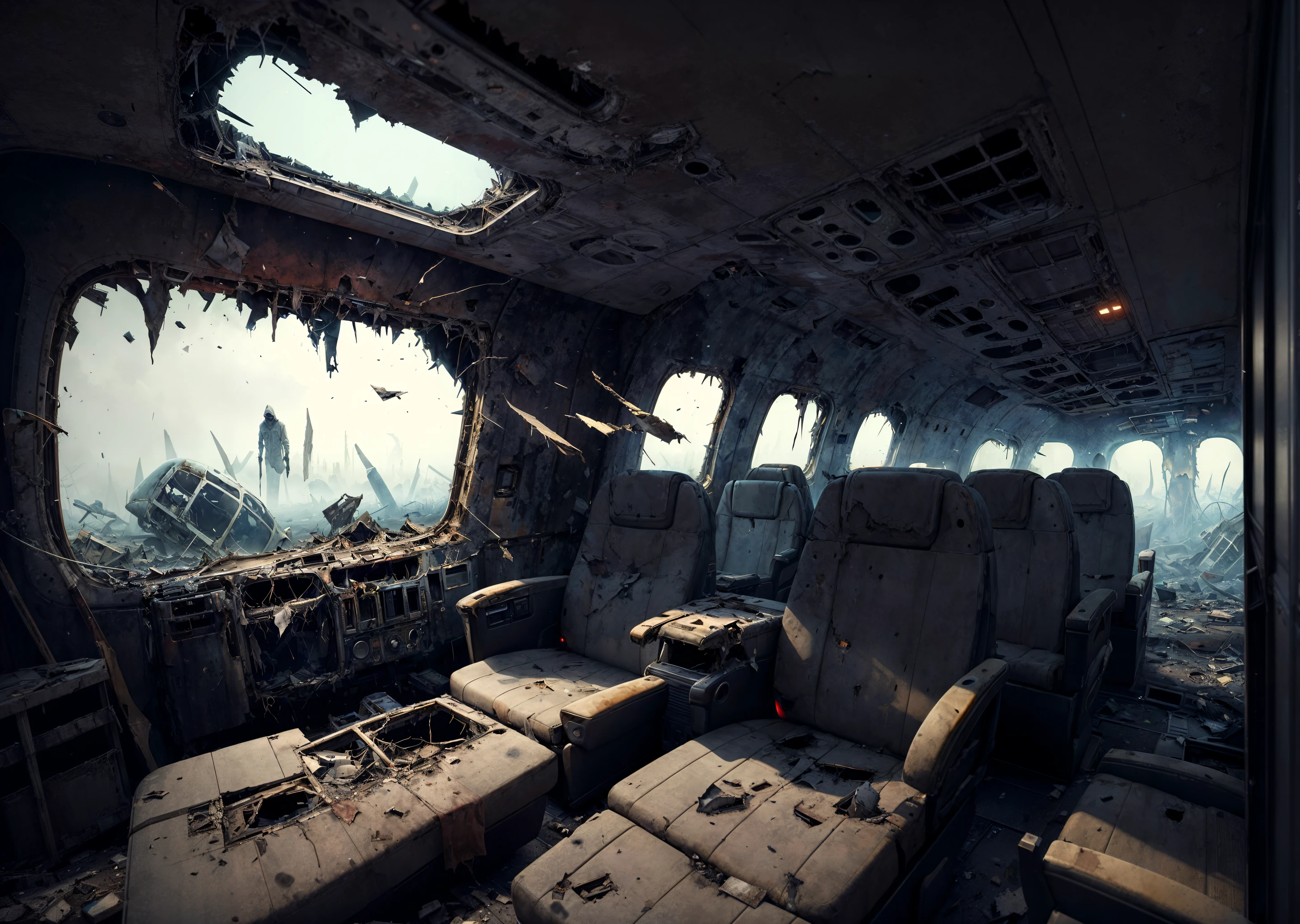 A haunting interior of a crashed plane, debris scattered throughout, emergency exits open, broken windows, eerie lighting, sharp details, post-apocalyptic, cinematic lighting, by Simon Stlenhag, dystopian, monochromatic, horror, highly detailed, 8k, ((masterpiece)) <lora:add_detail:1>