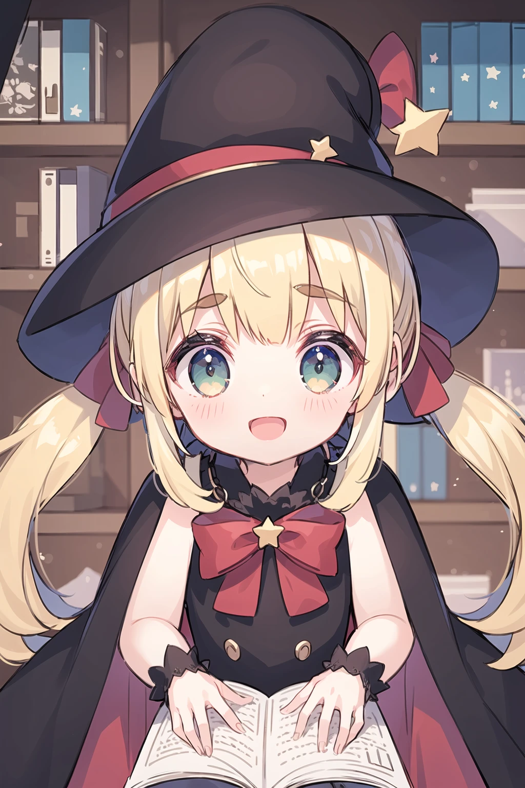 (masterpiece, best quality:1.2),xlx, peruru, 1girl, solo, blonde hair, black witch hat, black cape, green eyes, long hair, smile, open mouth, bookshelf, low twintails, :d, blush, looking at viewer, sleeveless, v-shaped eyebrows, +++, red bow, star (symbol)