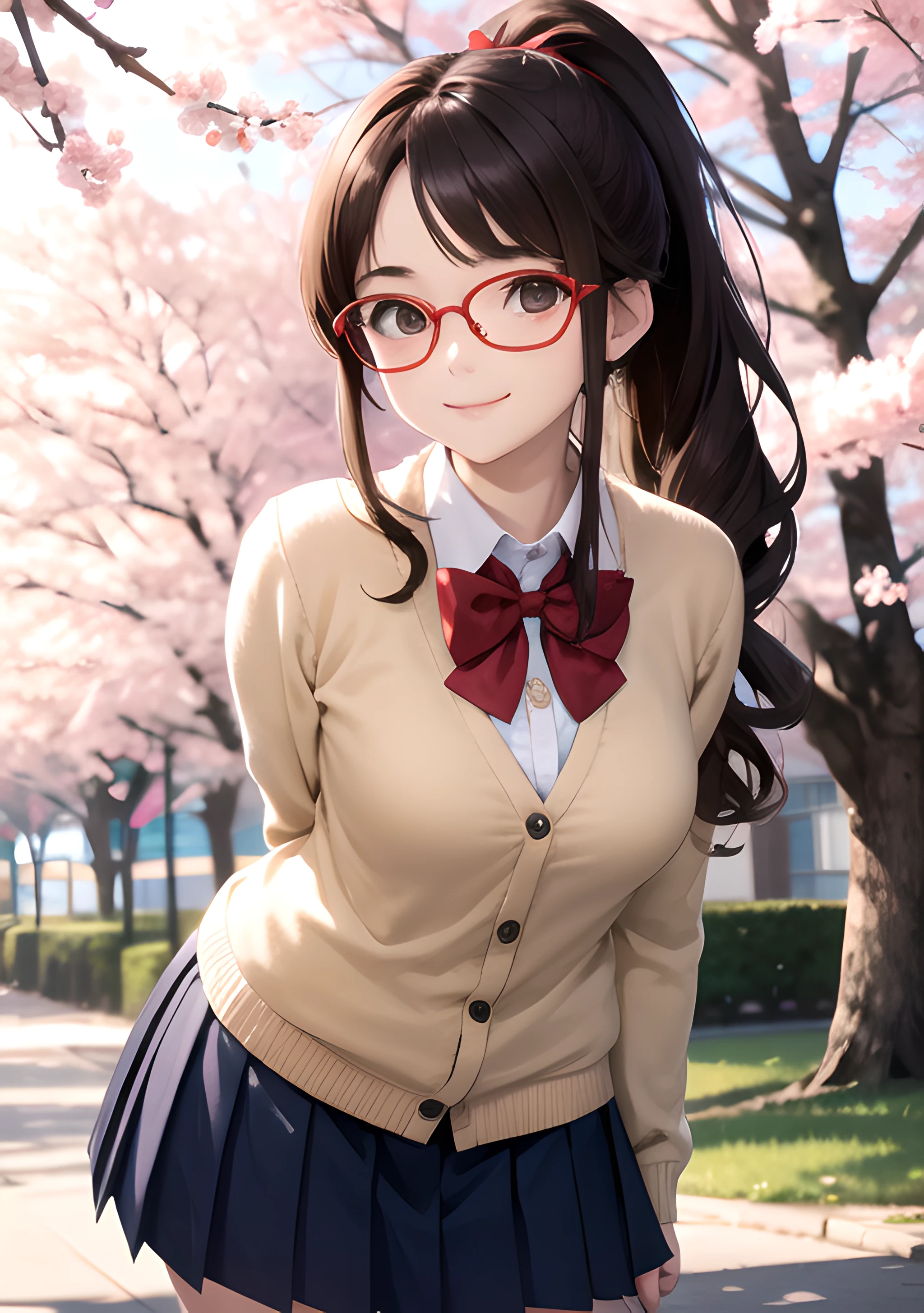 (masterpiece, highres, best quality, ultra detailed, detailed background, cinematic lighting:1.2), (beautiful detailed face, detailled eyes), 1girl, brown hair, long wavy hair, ponytail, wide ponytail, bangs, parted bangs, brown eyes, pale skin, large sagging breasts, red eyewear, semi-rimless eyewear, school uniform, beige cardigan, white shirt, red bow, red bowtie, blue pleated skirt, wind, cherry blossoms, looking at viewer, smile, school bag, arms behind back, leaning forward,