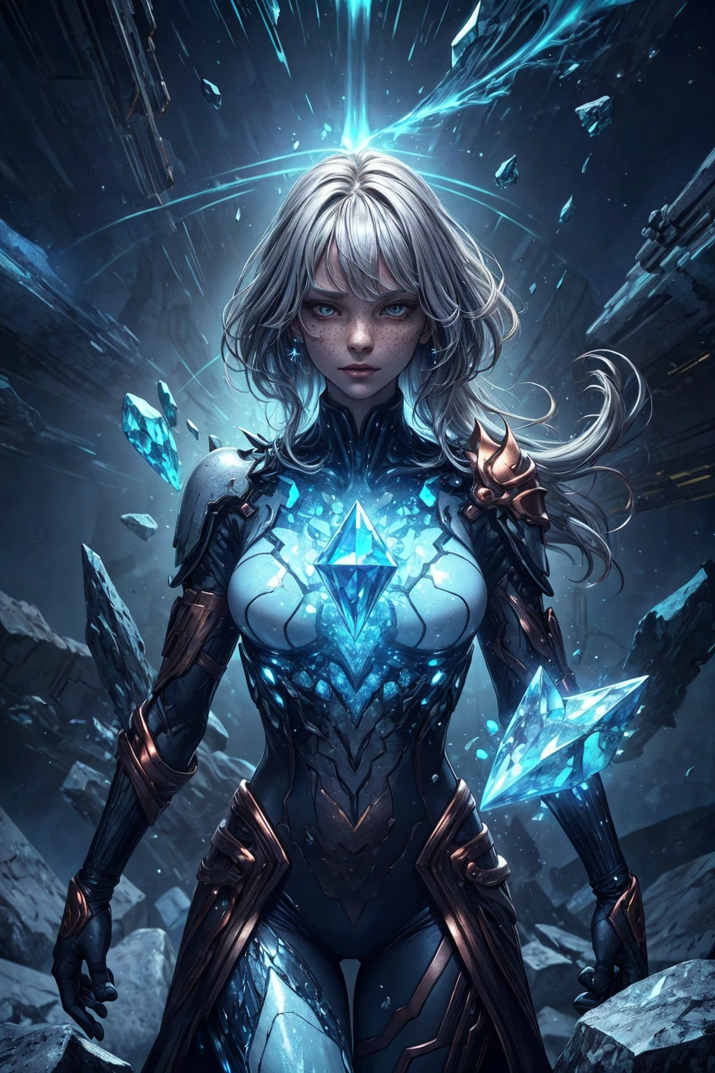 (best quality, masterpiece:1.2), 8k detailed cgi render, thick outlines, strong shadows, <lora:add_detail:0.75>,
1 girl, adult woman, freckles, silver eyes, copper long hair,
(style-swirlmagic:1.0), looking down, solo, (full body:0.6), detailed background, close up, detailed face, (<lora:Unholy:0.5>, Sc3pt4, scifi theme:1.1), crystal mage, elemental rock themed clothes, floating in the air, glowing rocks, surrounded by white magical gems, pyrite, stalagmites, crystalline pattern, magical floating particles, crystal glass, crystal dust, icy canyon background, magical epic ethereal atmosphere, reflections,
<lora:fractalized:0.2>, fractal_environment,