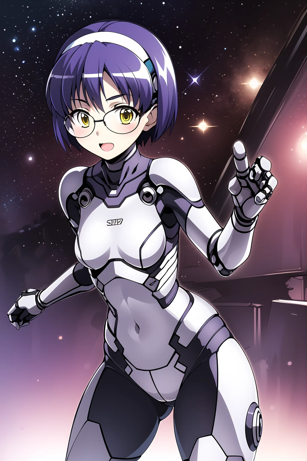 masterpiece, highly detailed, 1girl, best quality, purple hair, aiko, hairband, glasses, glowing yellow eyes, battlesuit, cybernetic limbs, android, arm cannon, sci-fi, futuristic, space, stars