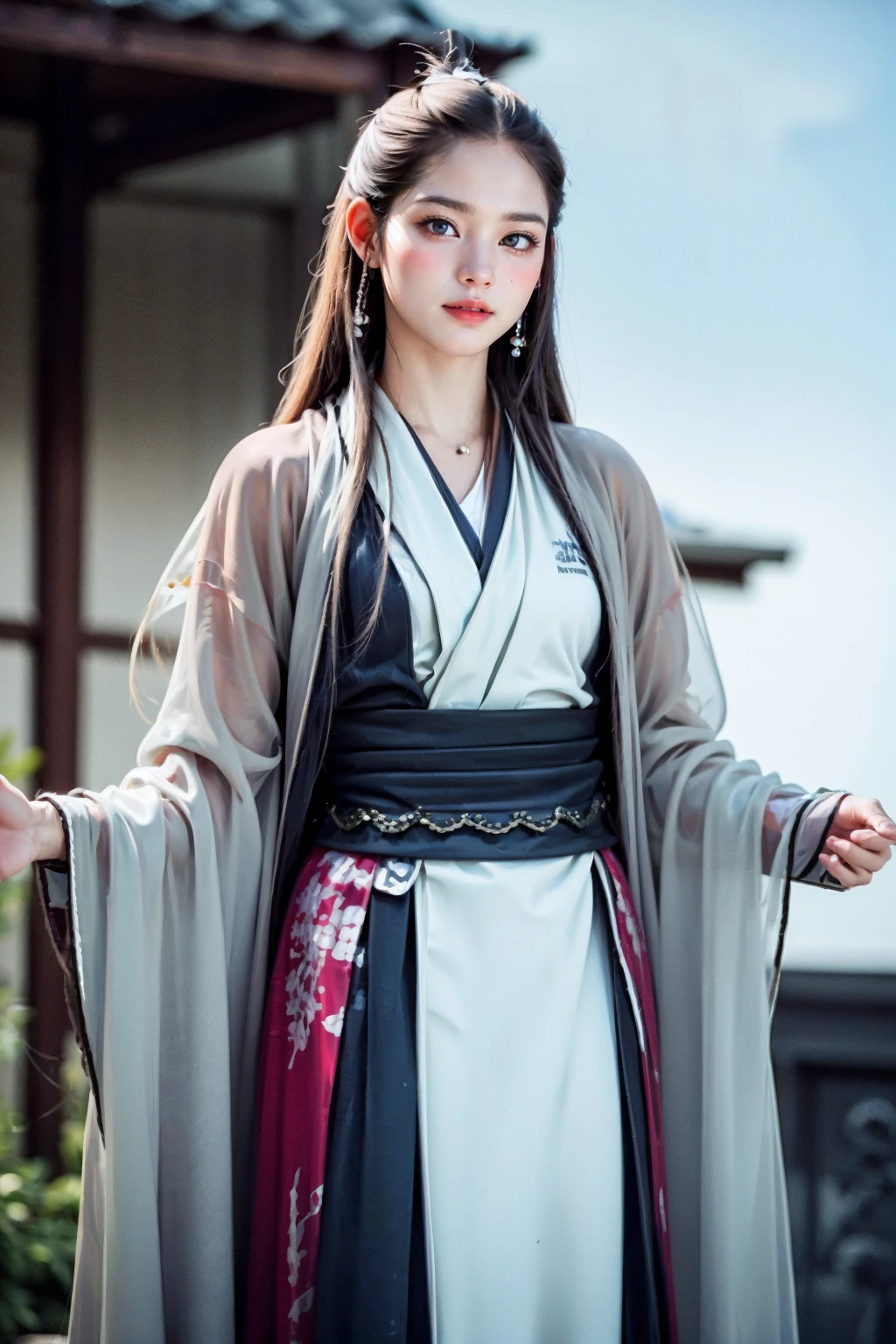 (8k, best quality, masterpiece:1.2),(realistic, photo-realistic:1.37),ultra-detailed,solo,beautiful detailed sky,(closed mouth) small breasts,1 girl,(Long hair:1.1),High horsetail,(white hair:1.1),Hanfu,(Look to the audience:1.2),(smile:1.05),beautiful detailed eyes,floating hair NovaFrogStyle,<lora:girl_20230604210014-000004:0.9>,