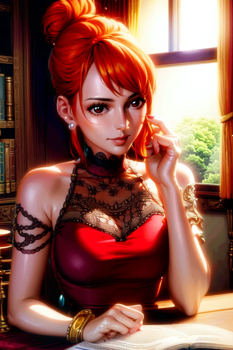 ultra realistic 8k cg, masterpiece, ((ultra detailed background, delicate pattern, intricate detail)), (highly detailed, fine details), best quality, (photorealistic:1.4),beautiful lighting, absurdres, RAW photo, film grain, NamiChan, 1girl, orange hair, solo, long hair, jewelry, ((medium breasts, slim girl, dress, red dress, elegant clothing, left shoulder tattoo, hair in a bun)), brown eyes, smile, earrings, bracelet, bare shoulders, (complex detailed background, inside, castle room environment, medieval castle, gray walls, window, bookshelf, portrait, close-up),
<lora:BeautifulDetailedEyes:0.4>, <lora:DetailTweaker:0.5>, <lora:NamiChan9:0.85>