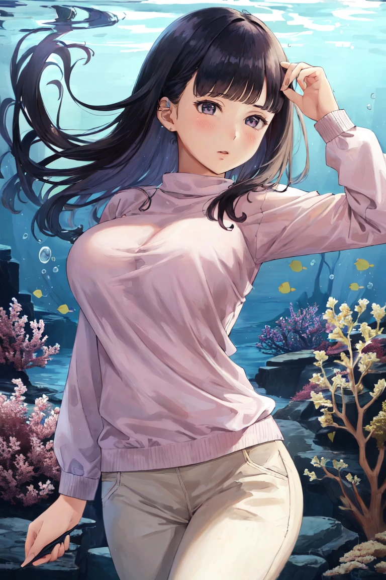 masterpiece, best_quality, 1girl, solo, sweater, capri pants, purple hair, large breasts, limp body, under the sea