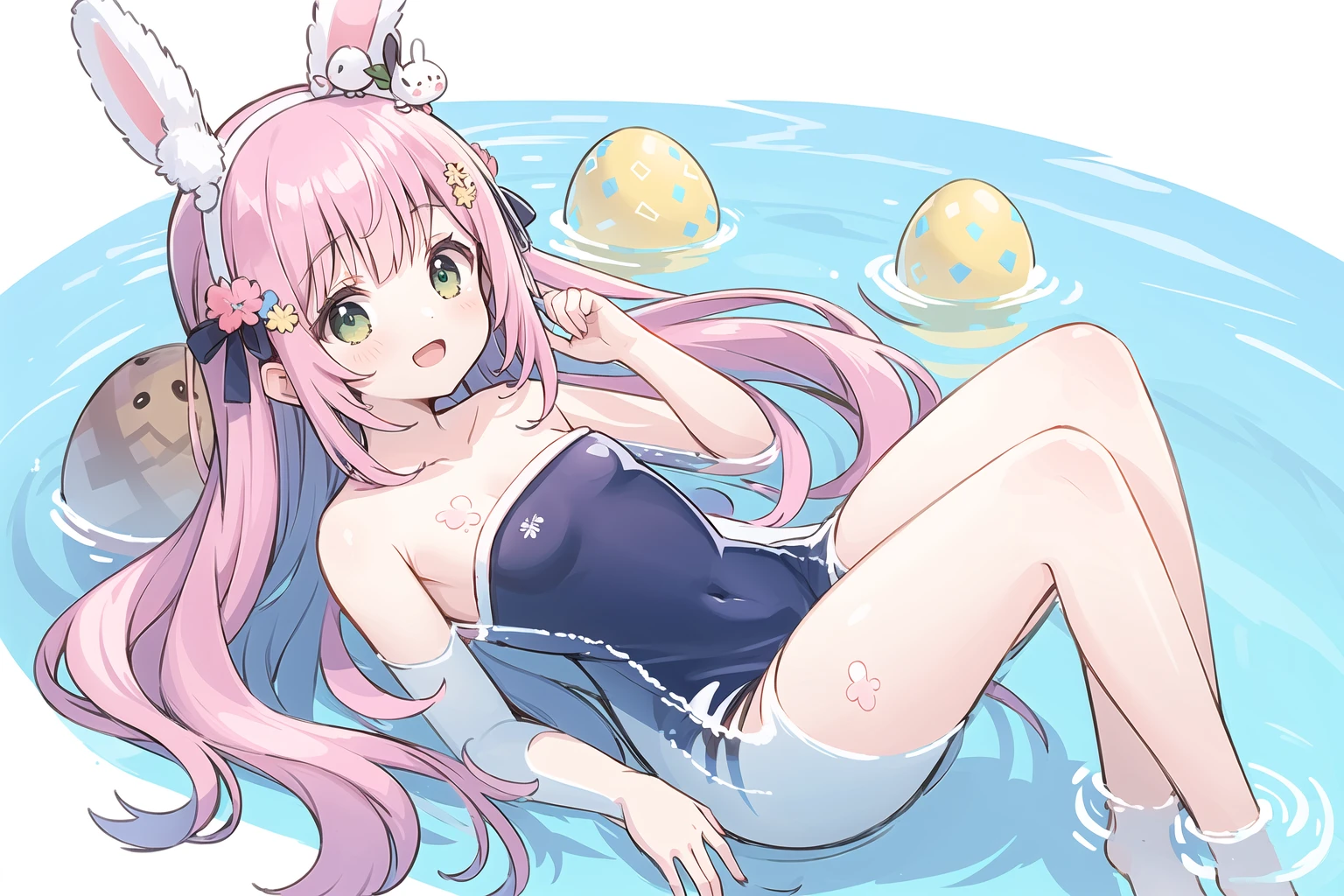 1girl, animal ears, pink hair, long hair, egg, rabbit ears, open mouth, bare shoulders, flower, smile, blush, spread legs, solo, water, rabbit, :d, white background, green eyes, easter egg, animal, strapless, frills, bangs, hairband, collarbone, bare arms, sitting, looking at viewer, pink flower, very long hair, one-piece swimsuit, simple background, bare legs, partially submerged, blue flower, head tilt, hair ornament, yellow flower, swimsuit, covered navel, hair bun, barefoot, naked towel, single hair bun, pink one-piece swimsuit, hair flower, onsen, easter, fake animal ears, casual one-piece swimsuit, red flower, rock