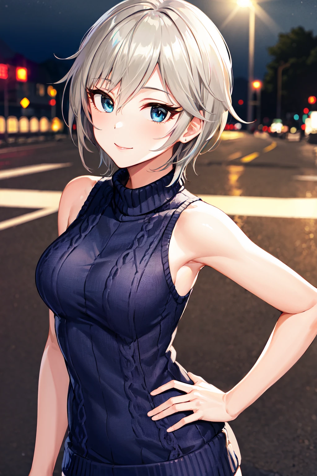 masterpiece, best quality, highres, idolmaster cinderella girls, 1girl, grey hair, short hair, blue eyes, medium breasts, <lora:anastasia_(idolmaster)_v2:0.7>, sweater dress, turtleneck sweater, sleeveless, hand on hip, smile, street