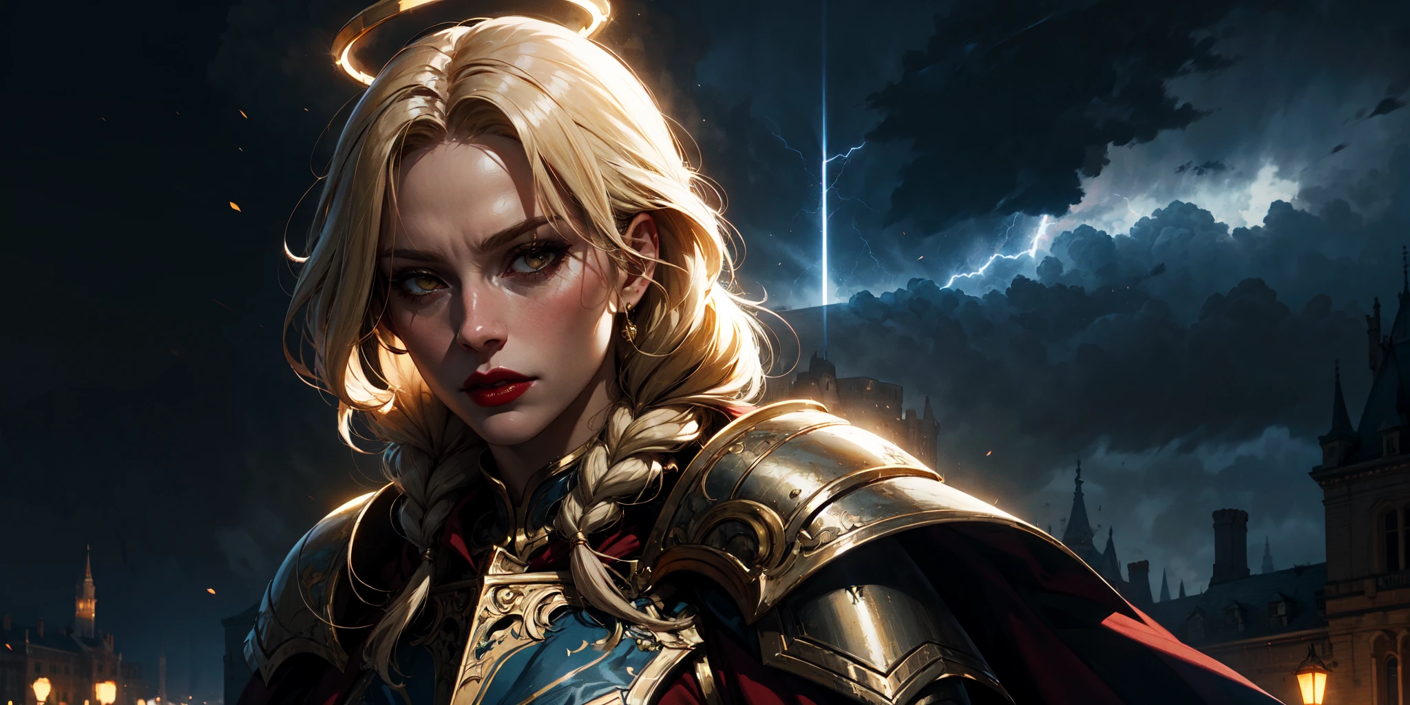 solo, portrait of paladin lady in ornate armor, red lips, pauldrons, frills, muscular, cape, blonde hair, braid, glowing halo, night, particles, royal castle background, bokeh, yellow lightning, storm, dark clouds