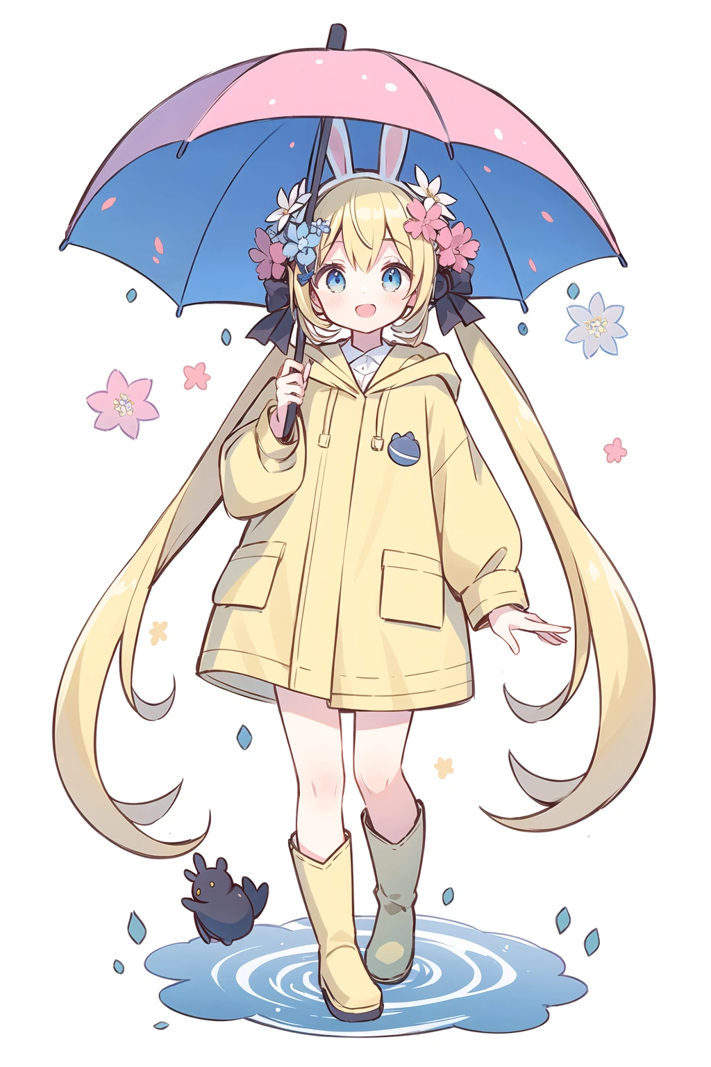 1girl,rainbow,raincoat,yellow raincoat,rubber boots,hydrangea,flower,long hair,twintails,boots,blush,umbrella,open mouth,hair ornament,white background,hood,solo,teruterubouzu,very long hair,hood up,long sleeves,low twintails,bow,bangs,smile,animal hood,blue eyes,rabbit,closed umbrella,puddle,full body,:d,snail,yellow footwear,simple background,pink flower,standing,leaf umbrella,holding umbrella,food-themed hair ornament,hair bow,animal ears,holding,blonde hair,hair flower,rain,animal,