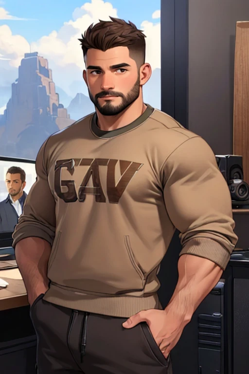 (((1man))), muscular, brown eyes, casual clothes, sweatshirt, handsome, nerd, dynamic,  sfw, playing videogames, (intricate details,  Masterpiece, high quality, best quality, realistic), (musclebears:0.5), bulgerk-soft