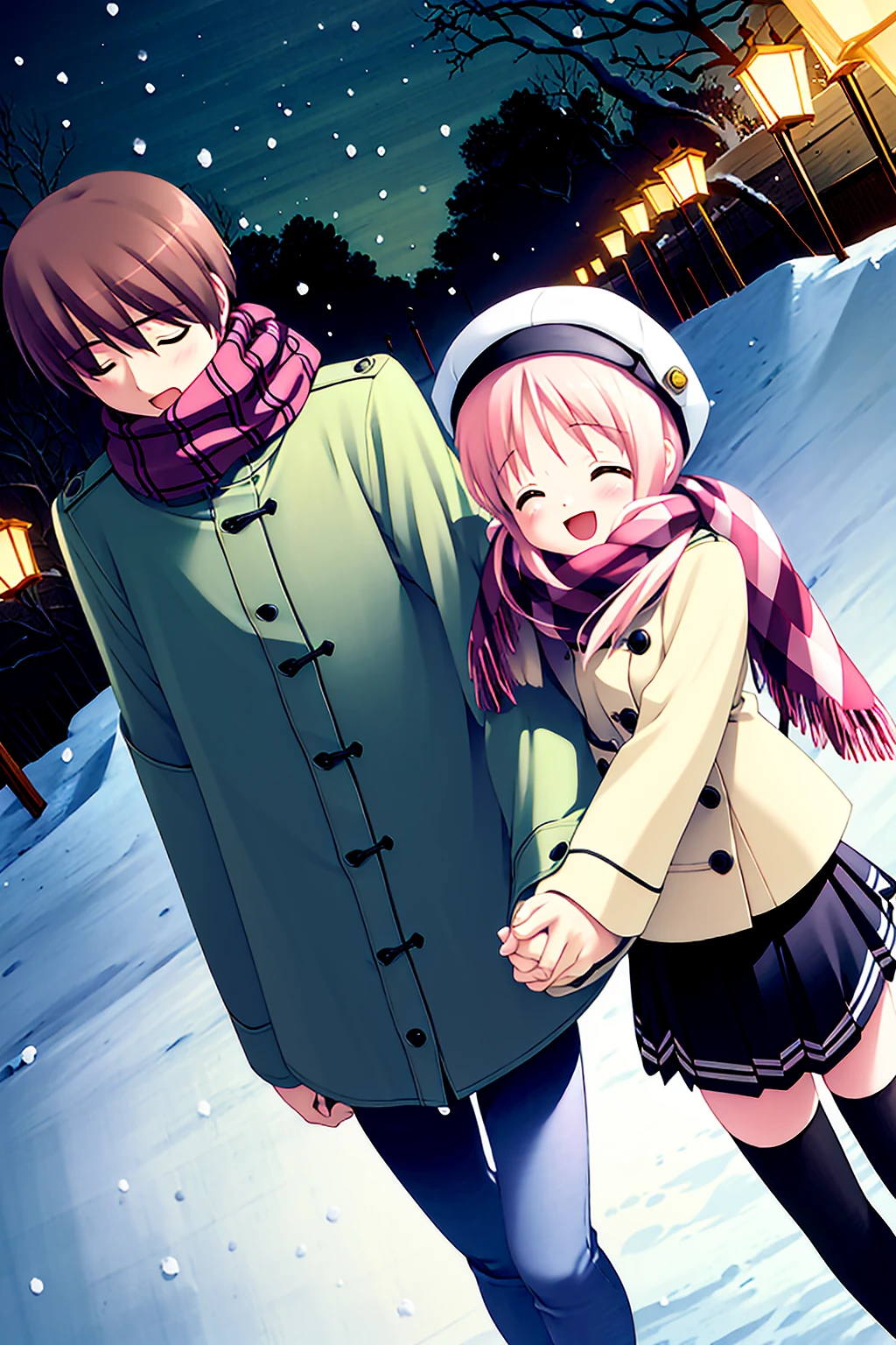 ((masterpiece, high quality, best quality)),
1girl, 1boy, hat, scarf, pink hair, closed eyes, snow, holding hands, thighhighs, school uniform, blush, short hair, dutch angle, night, running, happy, hetero, coat, smile, couple, snowing, winter clothes, open mouth, brown hair, tree, outdoors, long sleeves, walking, zettai ryouiki,
<lora:gayaro-style_v1.1:1.0>