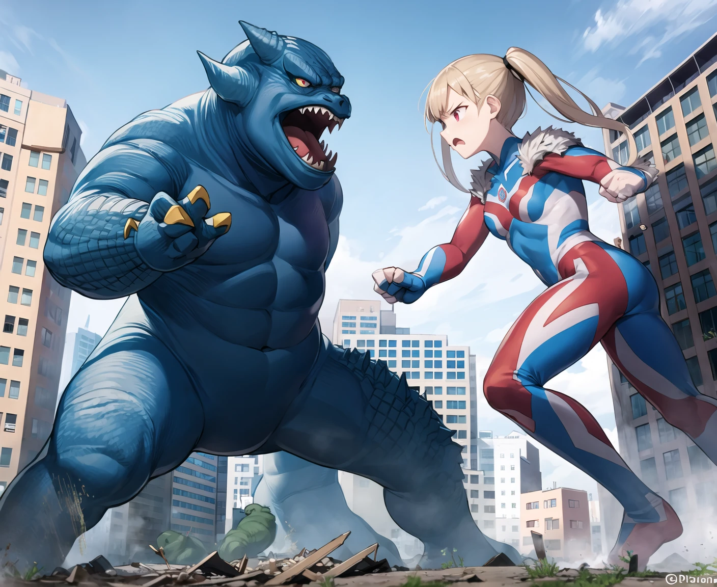 extremely detailed CG unreal engine 8k, best quality, from side, 1girl, beautiful detailed girl, young girl, (ultgp :1.0), (Rampage :1.0), ultraman bodysuit, small breasts, full body, (angry face :1.2), twintail, (fighting stance), ((dynamic), detailed fingers, detailed hands, detailed face), all intricate, Godzilla (attacking :1.2), (battle with monster, combat with monster, fighting), detailed (ruined buildings) behind, outside
<lora:Ultgp-16b-000003:1.0> <lora:GTSv5:0.8>