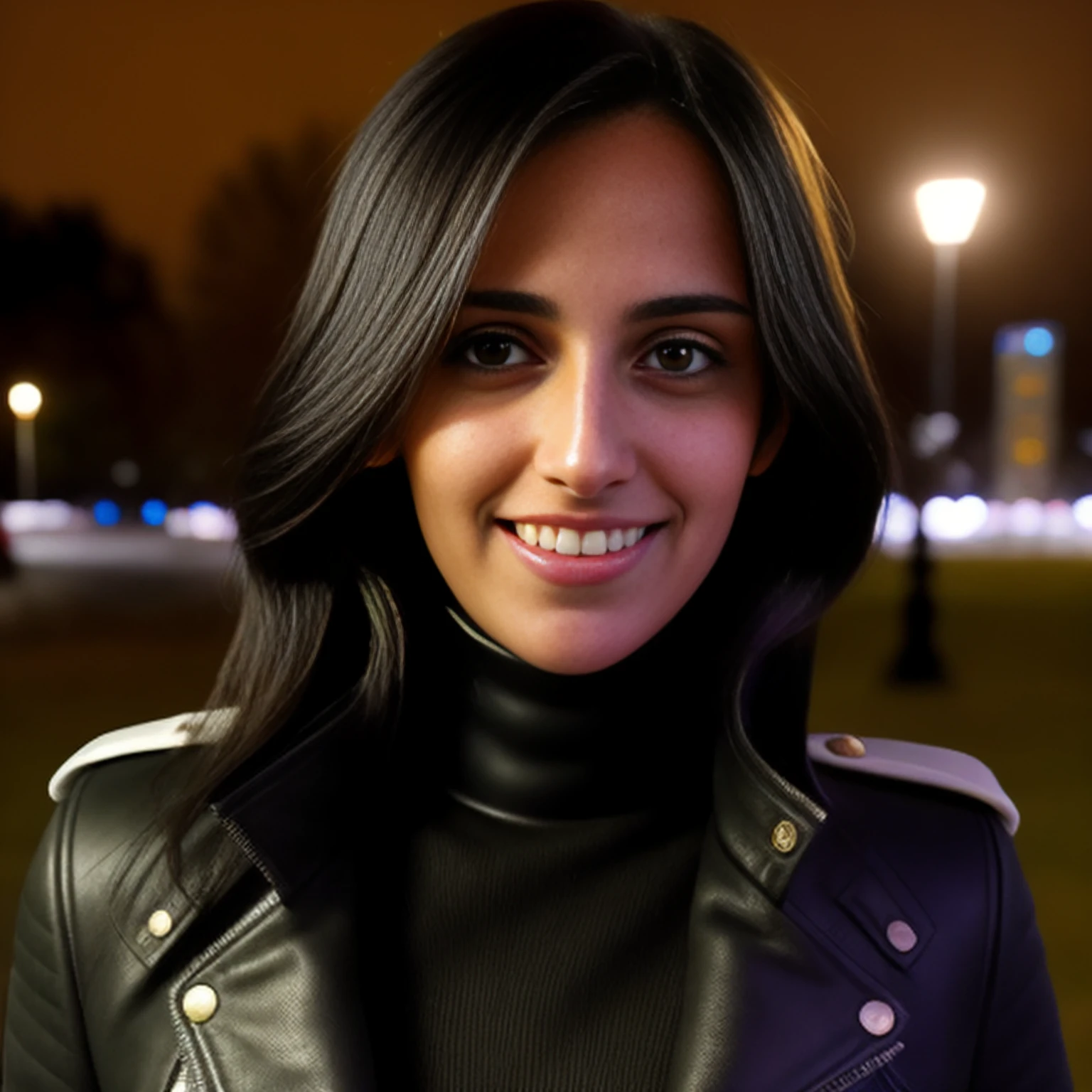 ((desigirl)), a portrait non-nude photo of a 20yo woman, 1girl, wearing ornate leather jacket, ((white turtle neck)), standing in a park at night, smiling at camera, ((head shot)), <lora:desicoffee:0.3>