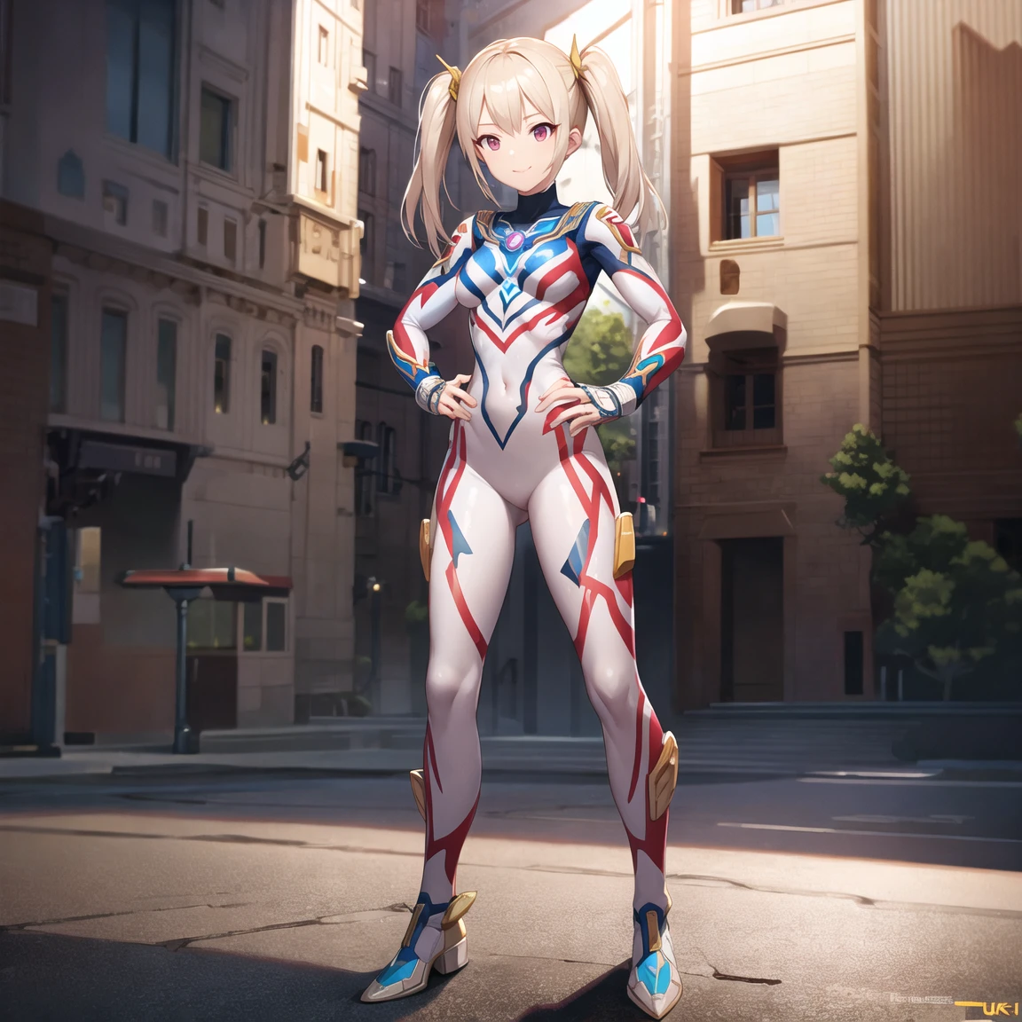 extremely detailed CG unreal engine 8k, best quality, 1girl, beautiful detailed girl, young girl, (ultgp :1.0), ultraman bodysuit, small breasts, full body, light smile, twintail, hands on hips, standing, (detailed fingers, detailed hands, detailed face), all intricate detailed buildings behind, outside
<lora:Ultgp-16b-000003:1.0>