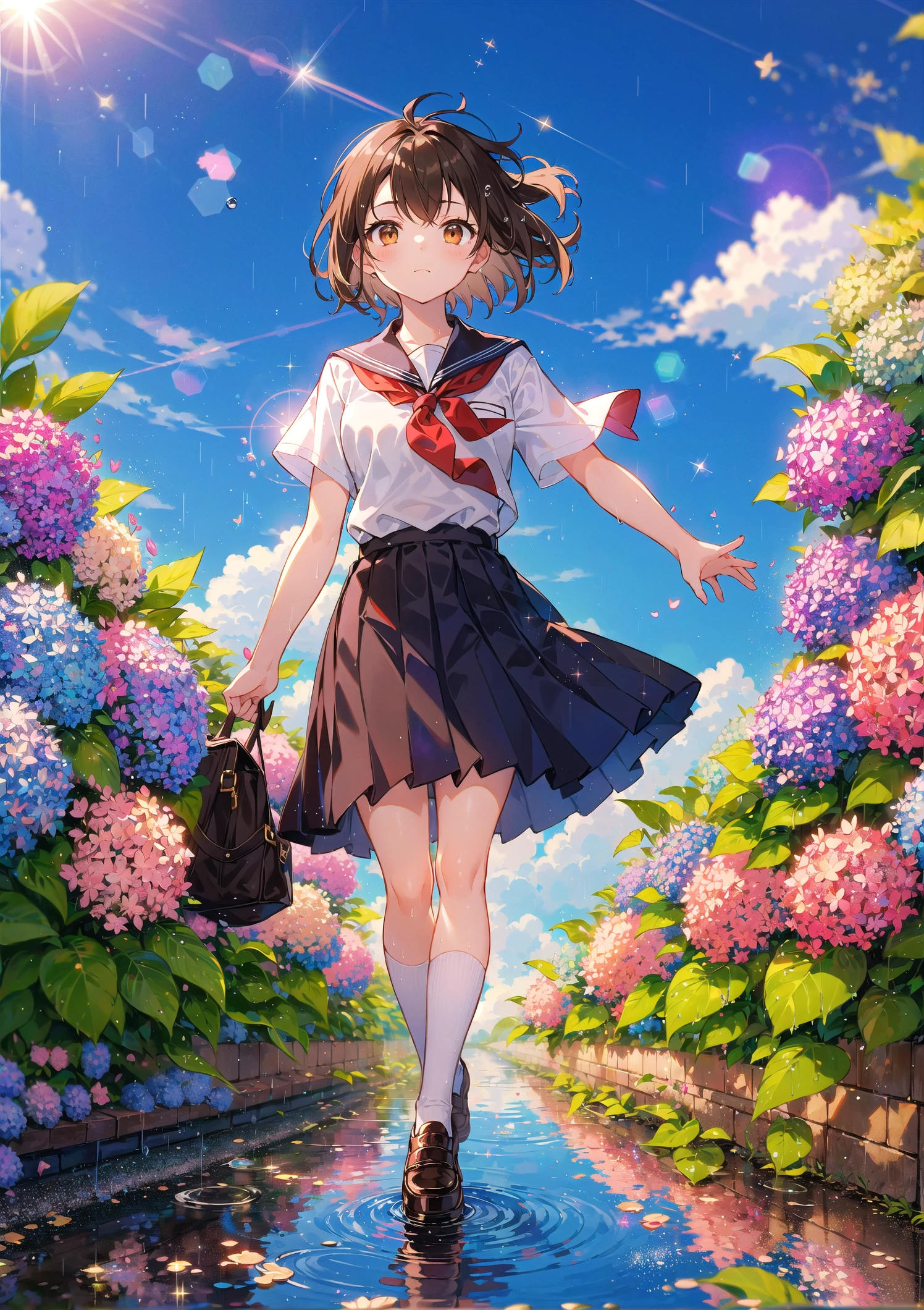 (solo), cute little (1girl) walking,path,[from below:1.2],brown hair,sine short hair,brown eyes,puddle,Water Reflection,rain,floating water drop,hydrangea,(blurry foreground),dynamic angle,asphalt,(blue sky),lens flare,school uniform,(glitter:1.2)