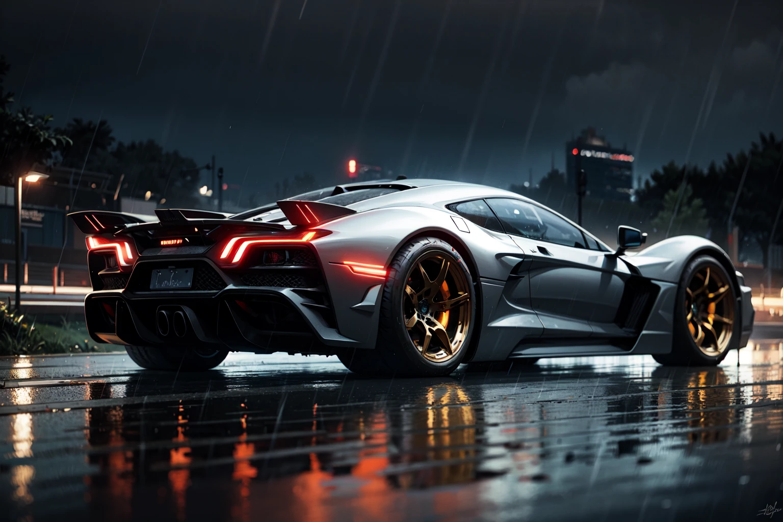 armored heavy hypercar, light trail, night, rain, reflections