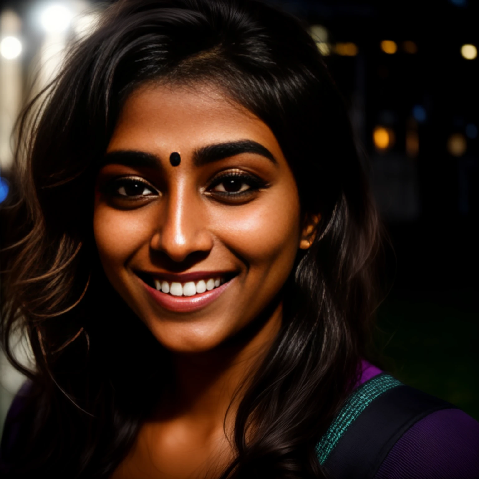 desiespresso, a professional portrait photo of a 20 year old girl with light brown eyes, ((night time)), ((Face only, head shot)), ,((black hair)), stunning clarity, hair running across face, big smile, looking away from camera, ((blurry background bokeh)) <lora:desicoffee:1>