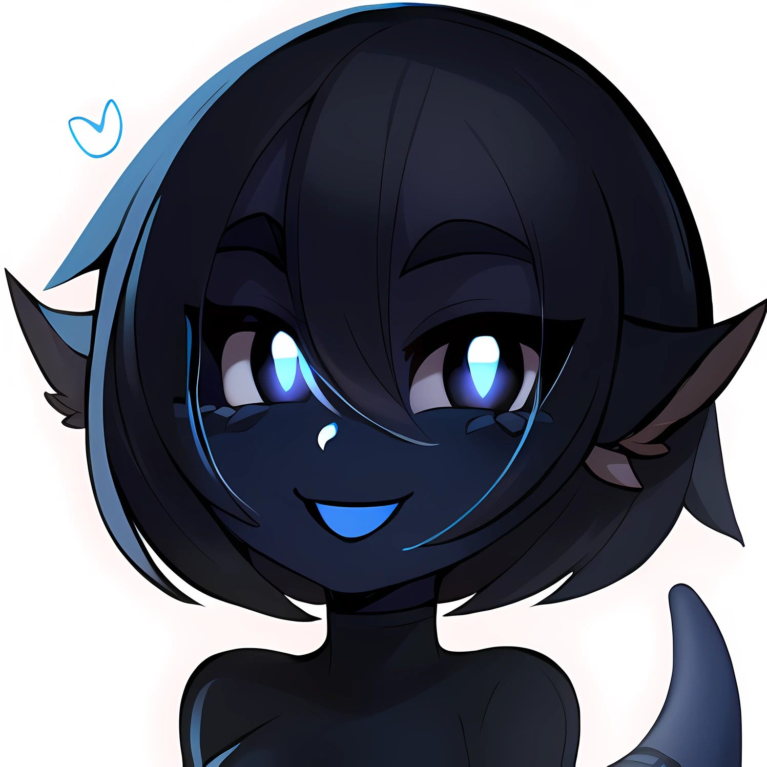 1girl, blue skin, masterpiece, best quality, Smouldie, short hair, (tail), smile, black sweater, (upper body), :D, looking at viewer, black background <lora:SmolderTestFull:1> twitch emoji <lora:twitch_emotes_v1.3:0.8> chibi