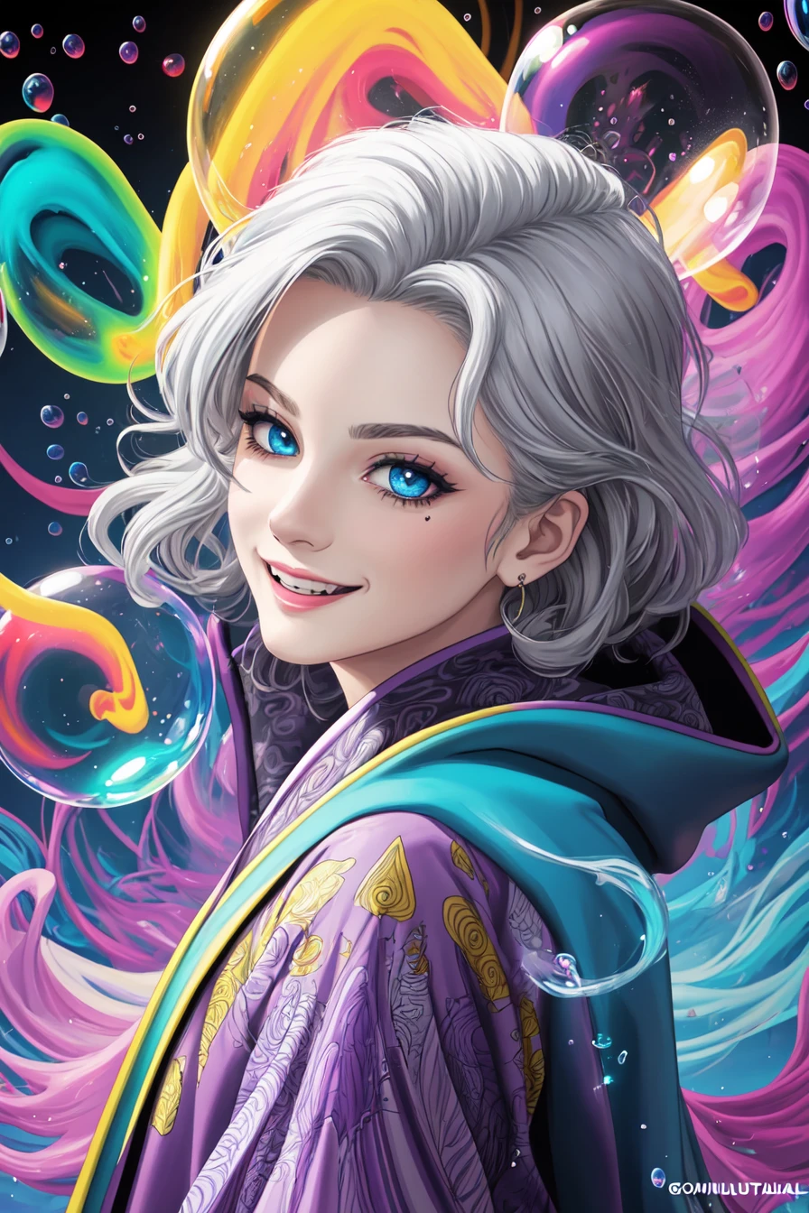 (masterpiece, top quality, best quality, official art, beautiful and aesthetic:1.2), extreme detailed, (abstract:1.2), (zentangle:1.2), visual chaos, captivating patterns, creative experimentation, highest detailed, <hypernet:sxzBloom_sxzBloom:0.1> (1man, old male:1.2), frail, grey-blue eyes, white hair, fade with goatee, solo, half shot, looking down, detailed background, detailed face, (<lora:Neonpunkai-8:0.4>, Neonpunkai, neon theme:1.1), bubble-mage, smiling, dynamic pose, colorful sorcerer robes, surrounded by magical purple bubbles, rainbow, wisps of magic, floating sparkling particles, glowing bubbles, swirling bubbles, mystical, bubbles in background, bright colorful lighting, whirlwind, jovial magical atmosphere,