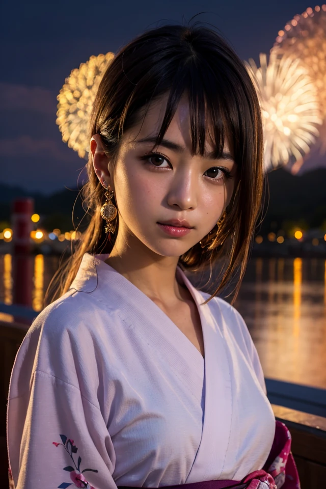 yukata　Fireworks display　woman　No smile　Thick black line
