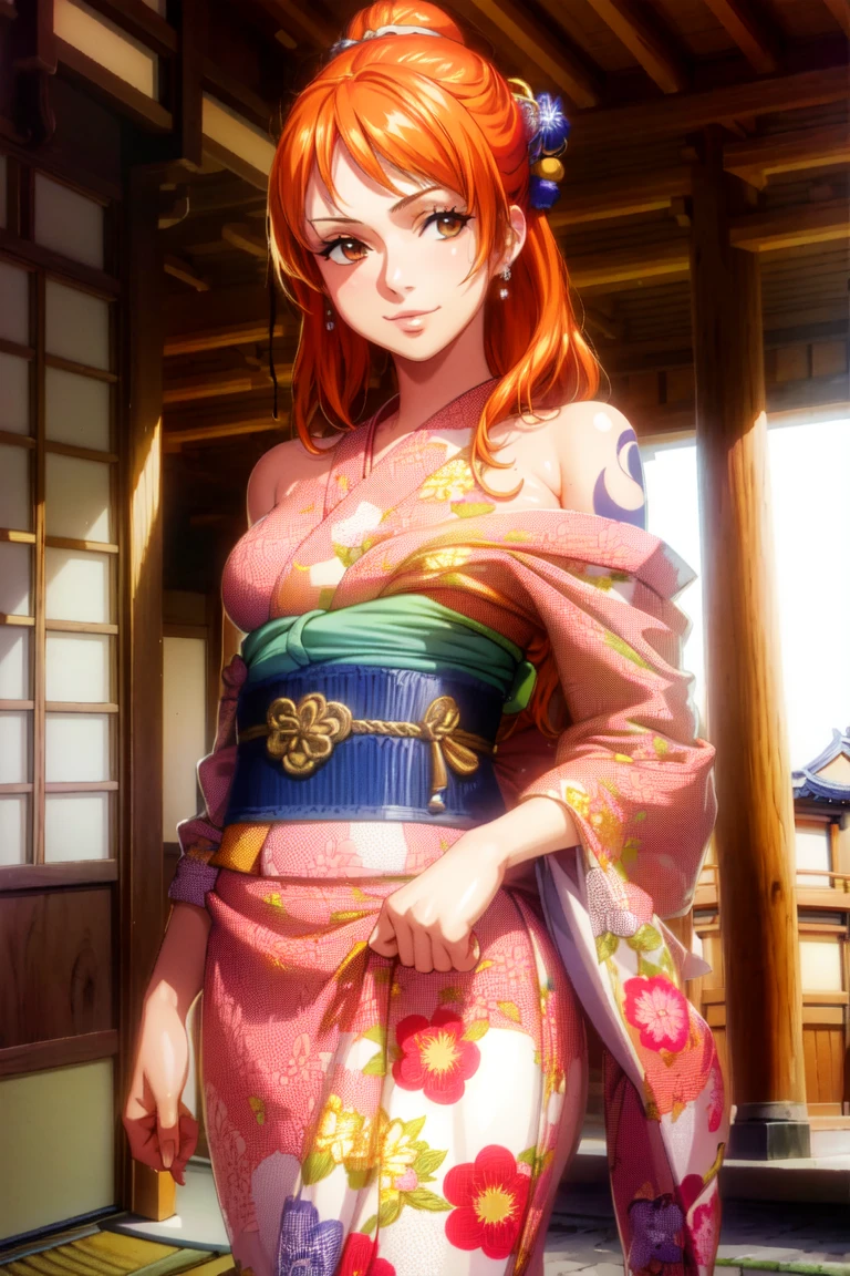 masterpiece, ((ultra detailed background, delicate pattern, intricate detail)), (highly detailed, fine details), best quality, ((medium breasts, slim girl)), NamiChan, 1girl, orange hair, solo, long hair, jewelry, ((medium breasts, slim girl, japanese clothes, kimono, left shoulder tattoo)), hair ornament, brown eyes, smile, earrings, (complex detailed background, outside, urban environent, traditional japanese town environment, japanese buildings, cowboy shot),
<lora:BeautifulDetailedEyes:0.4>, <lora:DetailTweaker:0.5>, <lora:NamiChan9:0.8>