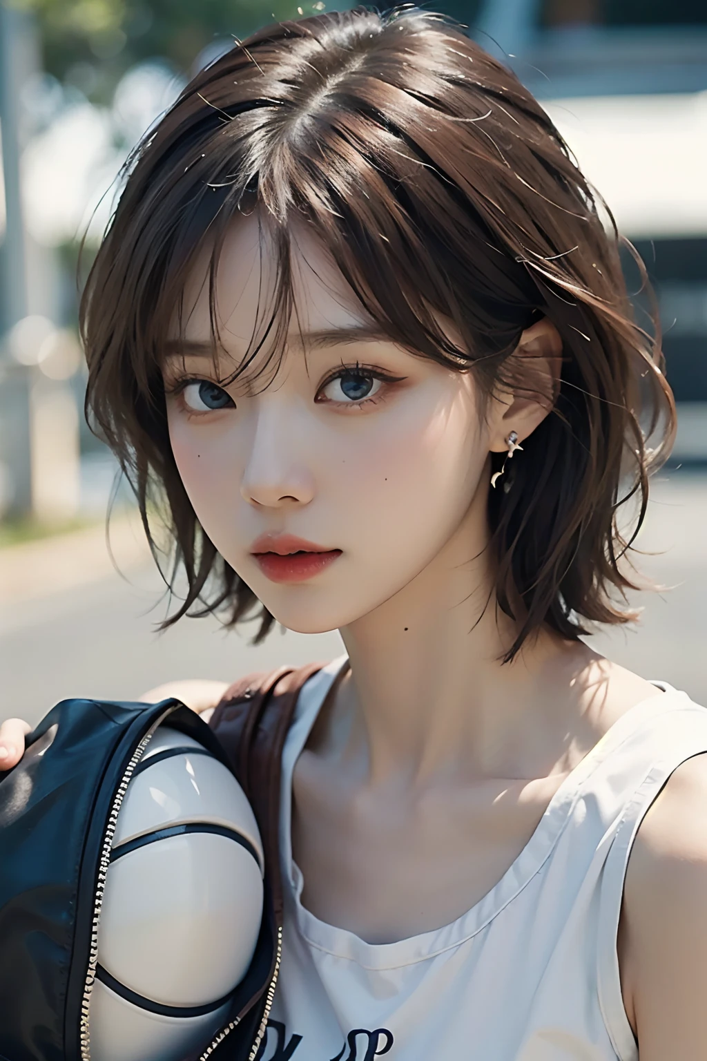 Best quality, masterpiece, ultra high res, (photorealistic:1.4), raw photo, 1girl, earrings, jewelry, 1girl, brown hair, looking at viewer, lips, closed mouth, short hair, blue eyes, white basketball top