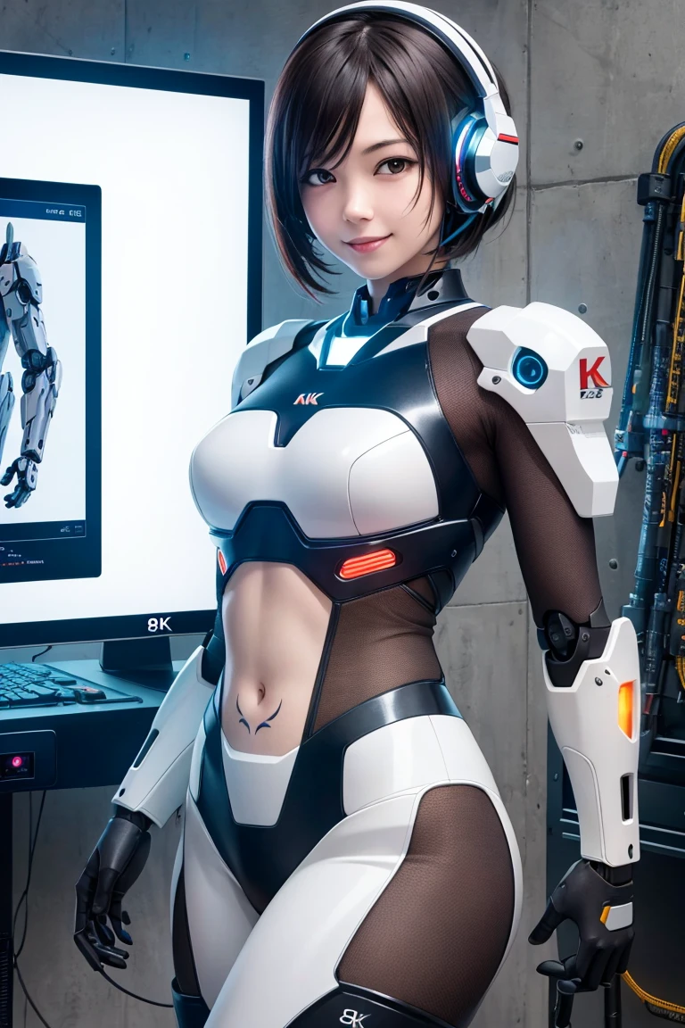 (8k, RAW photo, realistic, photo-realistic:1.5), masterpiece, best quality, high resolution, extremely detailed, detailed background, cinematic lighting, dynamic angle, science fiction, cyberpunk, mecha, mecha musume, 1girl, robot girl, android, short hair, mechanical parts, robot joints, robot ears, mecha armor, leotard, dress, gloves, smile, shiny clothes, impossible bodysuit, impossible clothes, clothing cutout, stomach cutout, midriff, looking at viewer, headgear, head-mounted display, barcode, barcode tattoo, glowing, glowing tattoo, wire, torn clothes, industrial pipe, monitor, womb tattoo